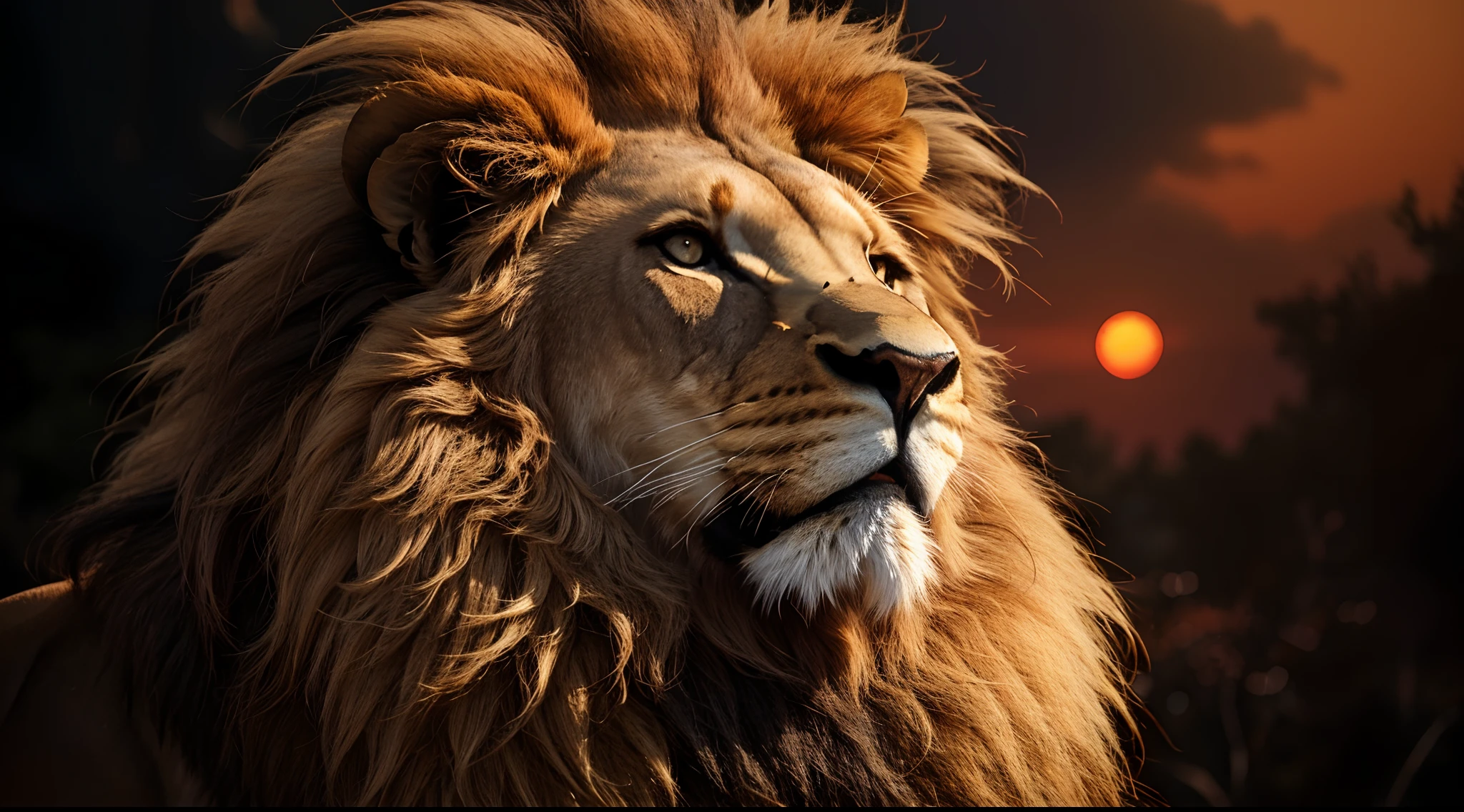 Lion, beauty Lion, naturais, Natureza, Natureza, Linda, renderizado, fotorrealista, UltraHD, 4k, texturasdetalhadas, thunders, sombras detalhadas, cores detalhadas, por do sol, sol se pondo, Sunset, Natureza Linda, fundo preto, por do sol, contraste detalhado, contraste realista, alta resolução, cores detalhadas, fogo, eletricidade, divina criatura, 8k,