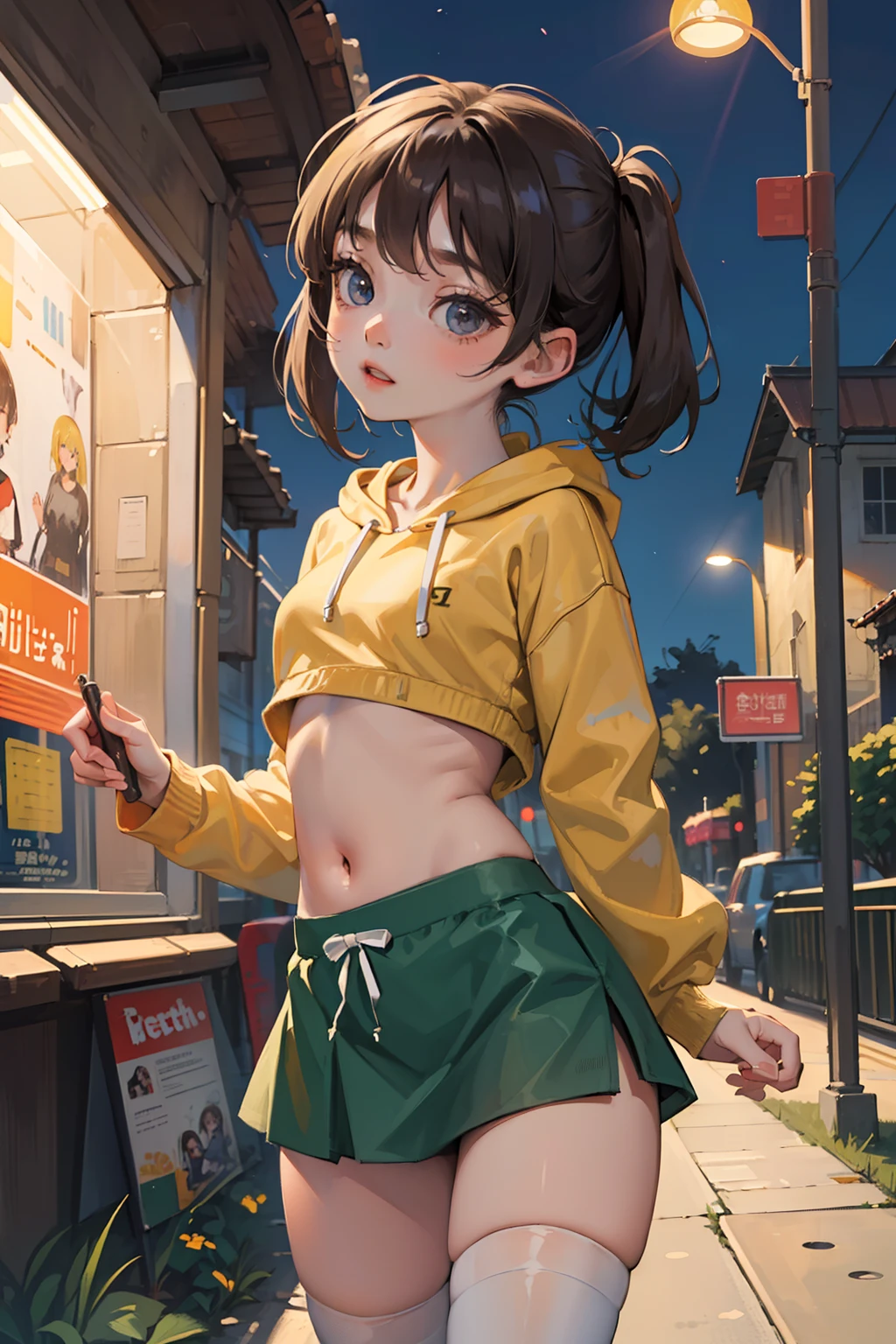 (masterpiece, best quality), 1girl, very short girl, (()), one side shaved hair, long bangs, ((wearing cropped hoodie, Mini skirt, stockings)), at the park, night time, ((small breasts, flat chested))