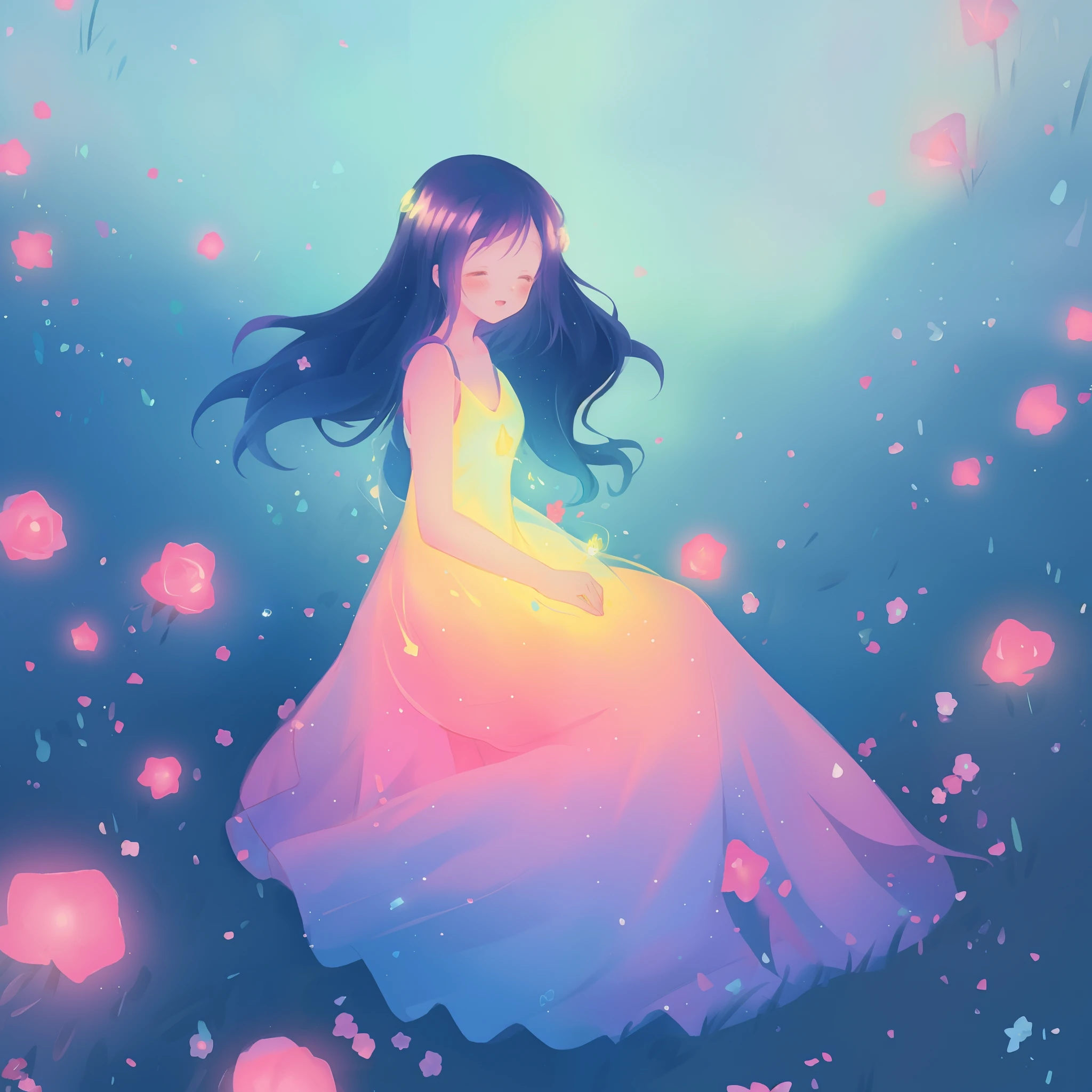 beautiful girl in gradient colorful dress, yellow pink purple fairy dress, beautiful girl sitting in a field with pink red flowers, puffy pink flowers, glowing lights, whimsical landscape, long dark blue flowing hair, watercolor illustration, inspired by Glen Keane, inspired by Lois van Baarle, disney art style, by Lois van Baarle, glowing aura around her, by Glen Keane, jen bartel, glowing lights! digital painting, flowing glowing hair, glowing flowing hair, beautiful digital illustration, fantasia otherworldly landscape plants flowers, beautiful, masterpiece, best quality, anime disney style