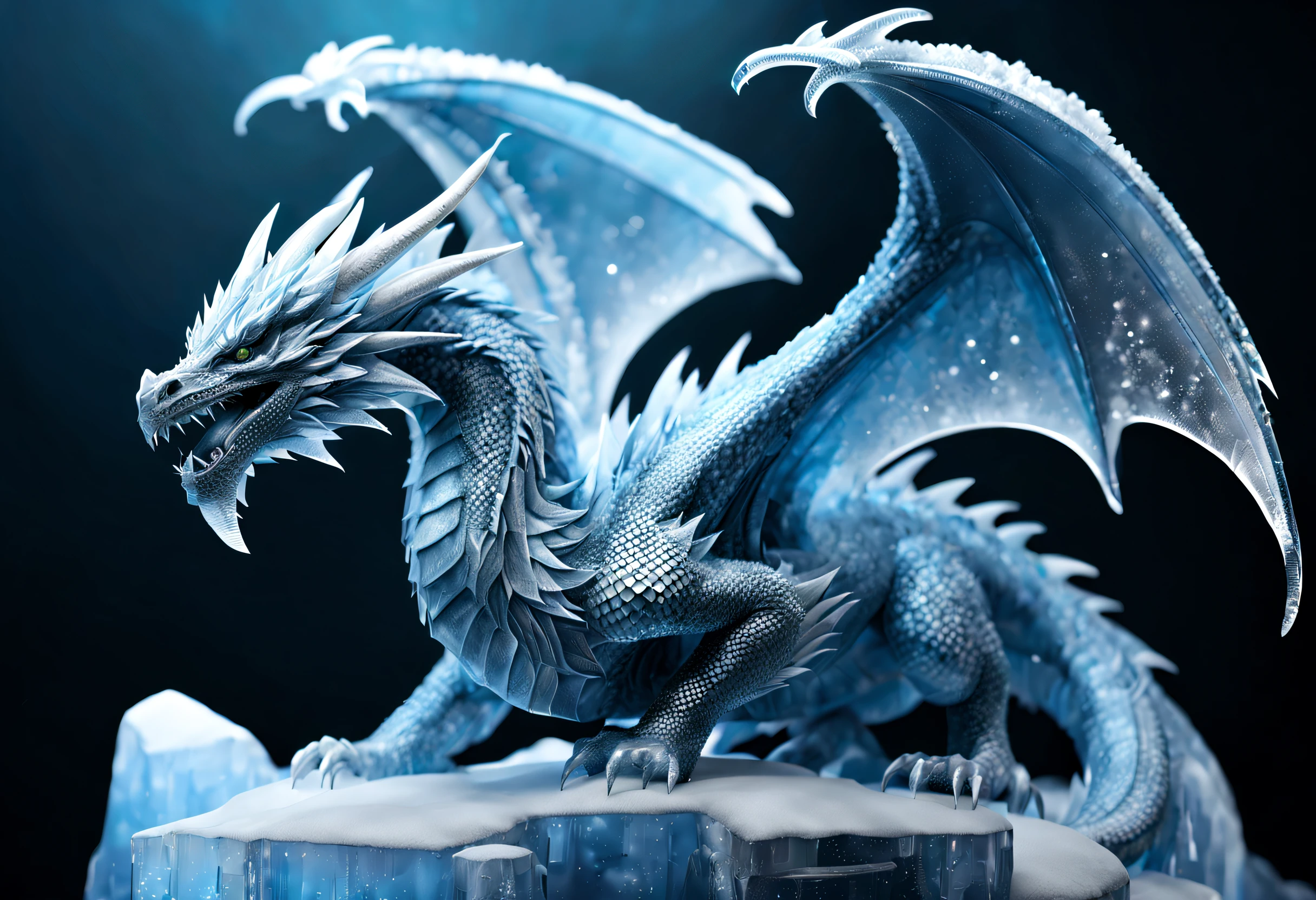 long shot scenic professional photograph of Ice dragon, hero view, action pose, beautiful extremely detailed piercing eyes, scenery, detailed background, masterpiece, best quality, high quality, absurdres <lora:ice_dragon_xl_v1:1>, perfect viewpoint, highly detailed, wide-angle lens, hyper realistic, with dramatic sky, polarizing filter, natural lighting, vivid colors, everything in sharp focus, HDR, UHD, 64K