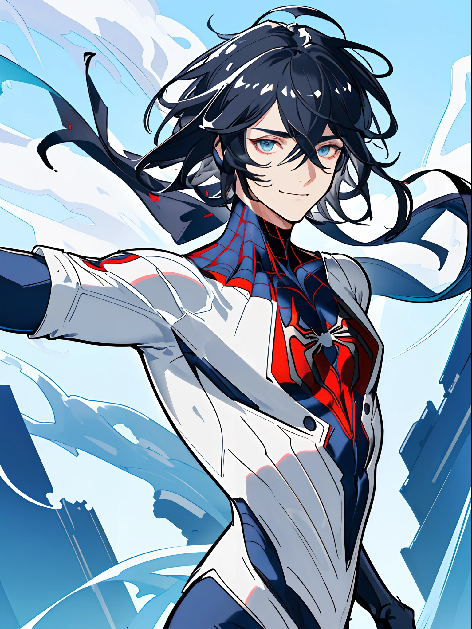 ((highest quality, masterpiece, 4k, finely detailed, detailed eyes, detailed face, dynamic lighting)), dynamic super hero pose, on rooftop ((solo)), 1 male, handsome, broad shoulders, smiling, looking at viewer ((lazy eyes, half-lidded, tired eyes, eyebags under eyes, dark eyes, thick eyebrows)), (((white espider-man suit, ))), ((black hair, medium length hair, shaggy hairstyle, messy hair)