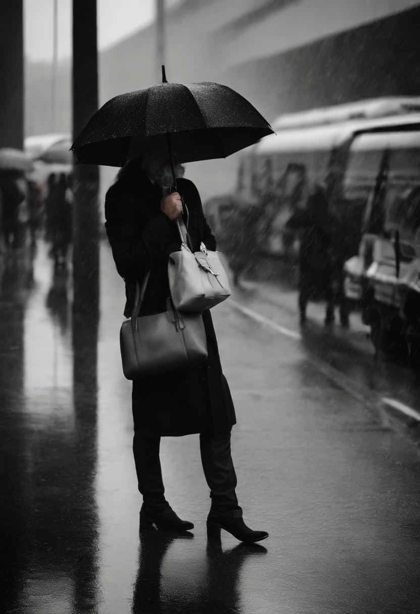 Menino, 1,69m de altura, cabelo curto, barba, oculos de grau, pegando um onibus num dia nublado e de chuva, in Brasilia. Todo vestido de preto, com uma mochila pesada preta nas costas, um guarda chuva preto.