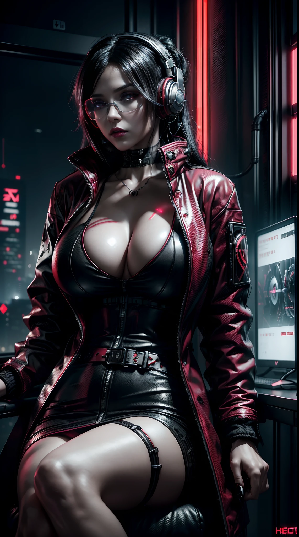 best quality,ultra-detailed, solo, woman, focus, ((massive perfect breast)), gothic makeup, ((silver eyes)), ((black hair red highlights)), ((wearing red, black jacket)), futuristic apartment, cyberpunk apartment, gaming chair, siting,((cyberpunk style,headphones,glasses)) neon lights, colorful design,