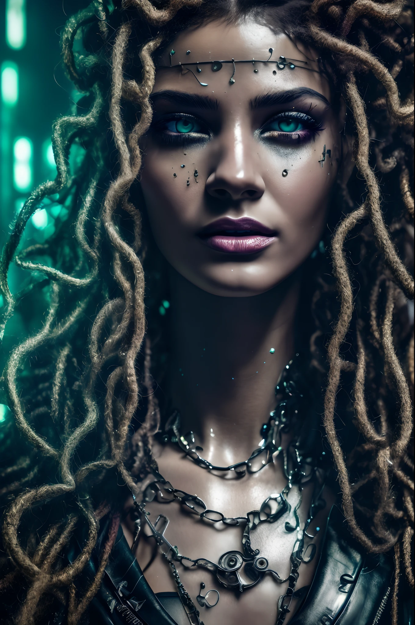 cyberpunk gorgon medusa,beautiful detailed eyes,beautiful detailed lips,extremely detailed eyes and face,longeyelashes,dystopian,futuristic,dark atmosphere,neon lights,chrome textures,cityscape,urban decay,technological enhancements,digital graffiti,intricate cybernetic patterns,glimmering scales,snake-like hair,metallic skin,reflective surfaces,mysterious and alluring smile,(best quality,4k,8k,highres,masterpiece:1.2),ultra-detailed,(realistic,photorealistic,photo-realistic:1.37),HDR,UHD,studio lighting,ultra-fine painting,sharp focus,physically-based rendering,extreme detail description,professional,vivid colors,bokeh,glitch effects