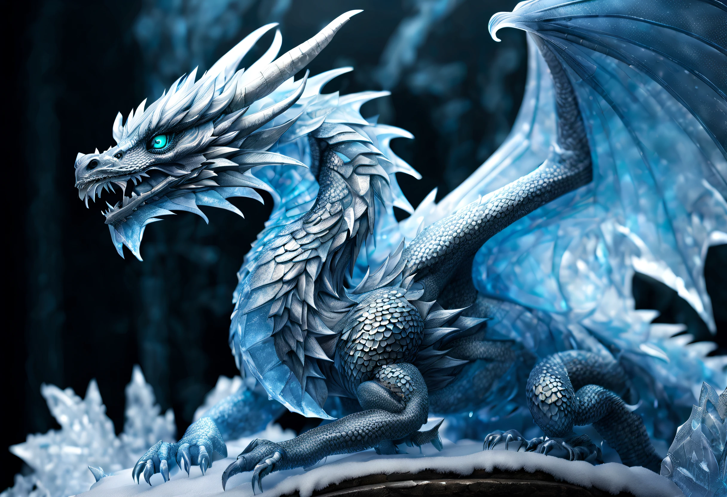 (highres:1.2),realistic,photorealistic:1.37,[ice sculpture],[detailed ice crystals],[sparkling surface],best quality,highres,ultra-detailed,ice sculpture,detailed dragon sculpture,detailed dragon head and wings,sharp icy textures,realistic dragon scales,shiny ice crystals,glistening icy breath,impressive size and details,frozen environment,majestic dragon pose,cold blue color palette,dramatic lighting