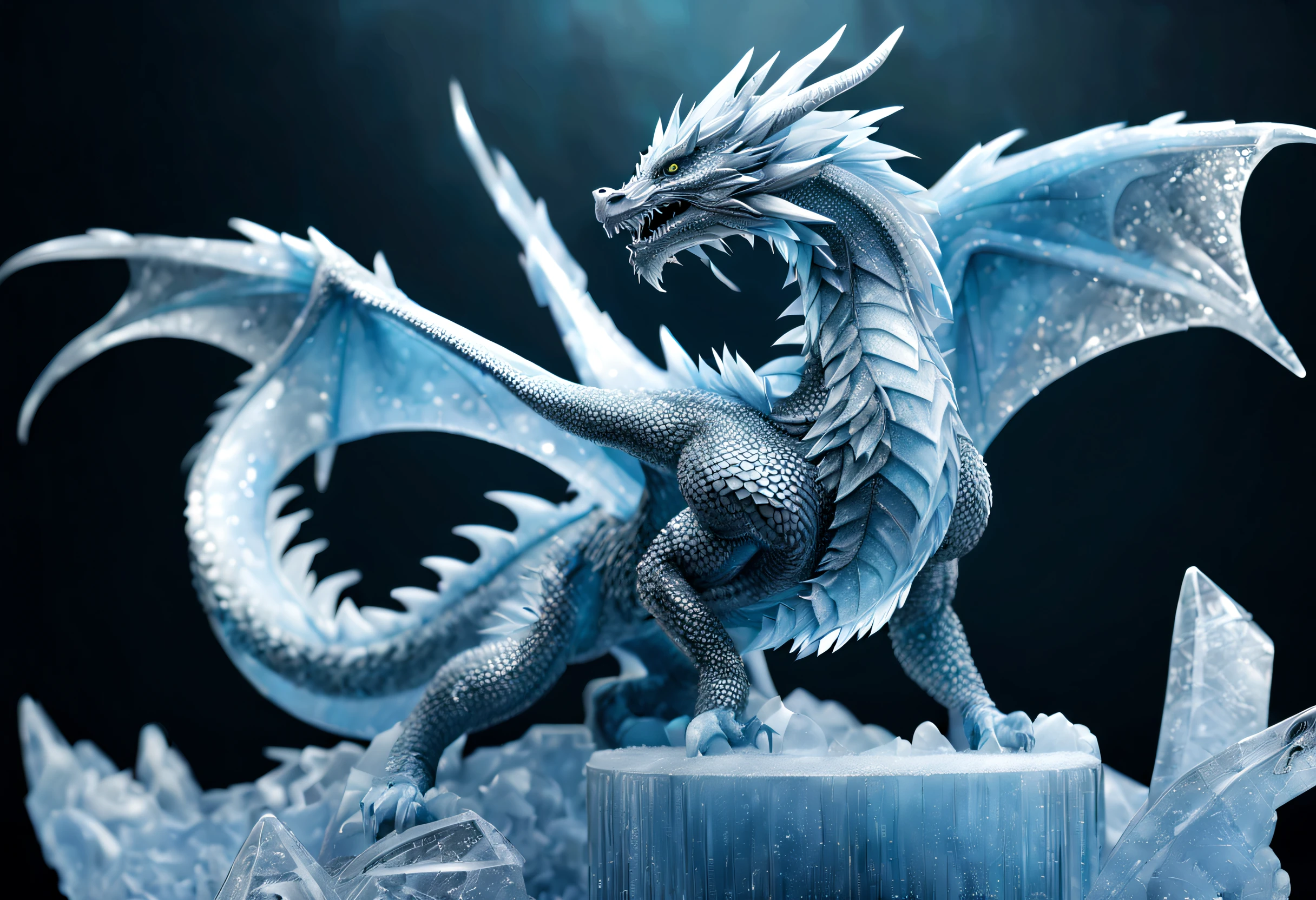 (highres:1.2),realistic,photorealistic:1.37,[ice sculpture],[detailed ice crystals],[sparkling surface],best quality,highres,ultra-detailed,ice sculpture,detailed dragon sculpture,detailed dragon head and wings,sharp icy textures,realistic dragon scales,shiny ice crystals,glistening icy breath,impressive size and details,frozen environment,majestic dragon pose,cold blue color palette,dramatic lighting