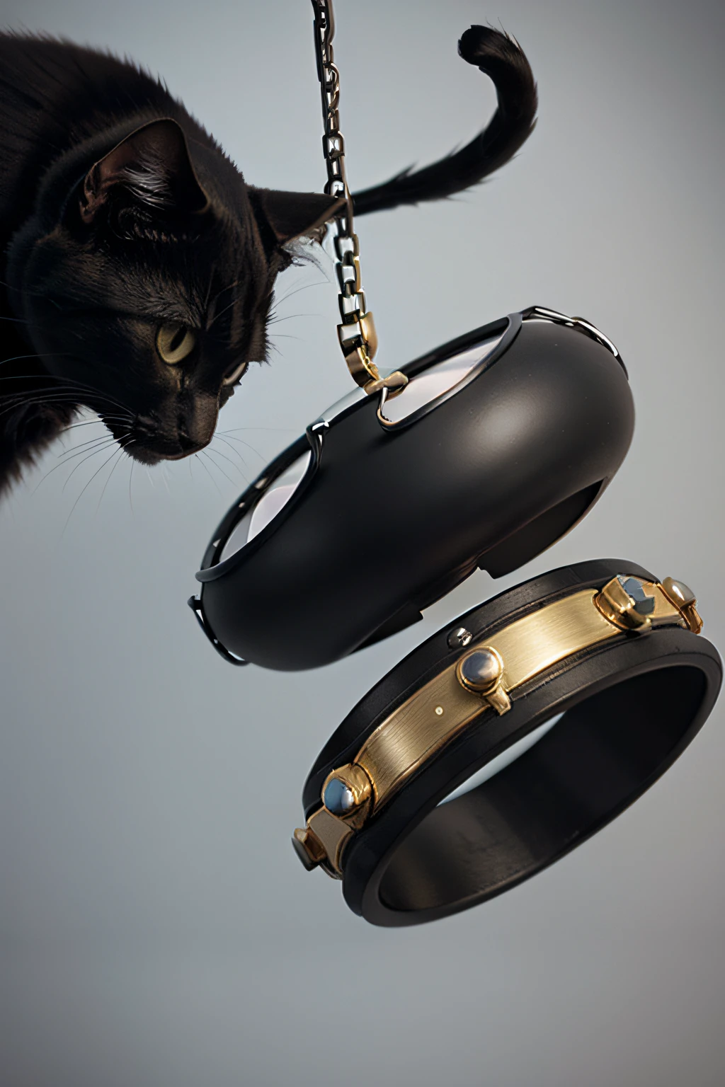 Make a tambourine that is being suspended by the black cat, like a Disney cartoon. pixar image, 3d, disney