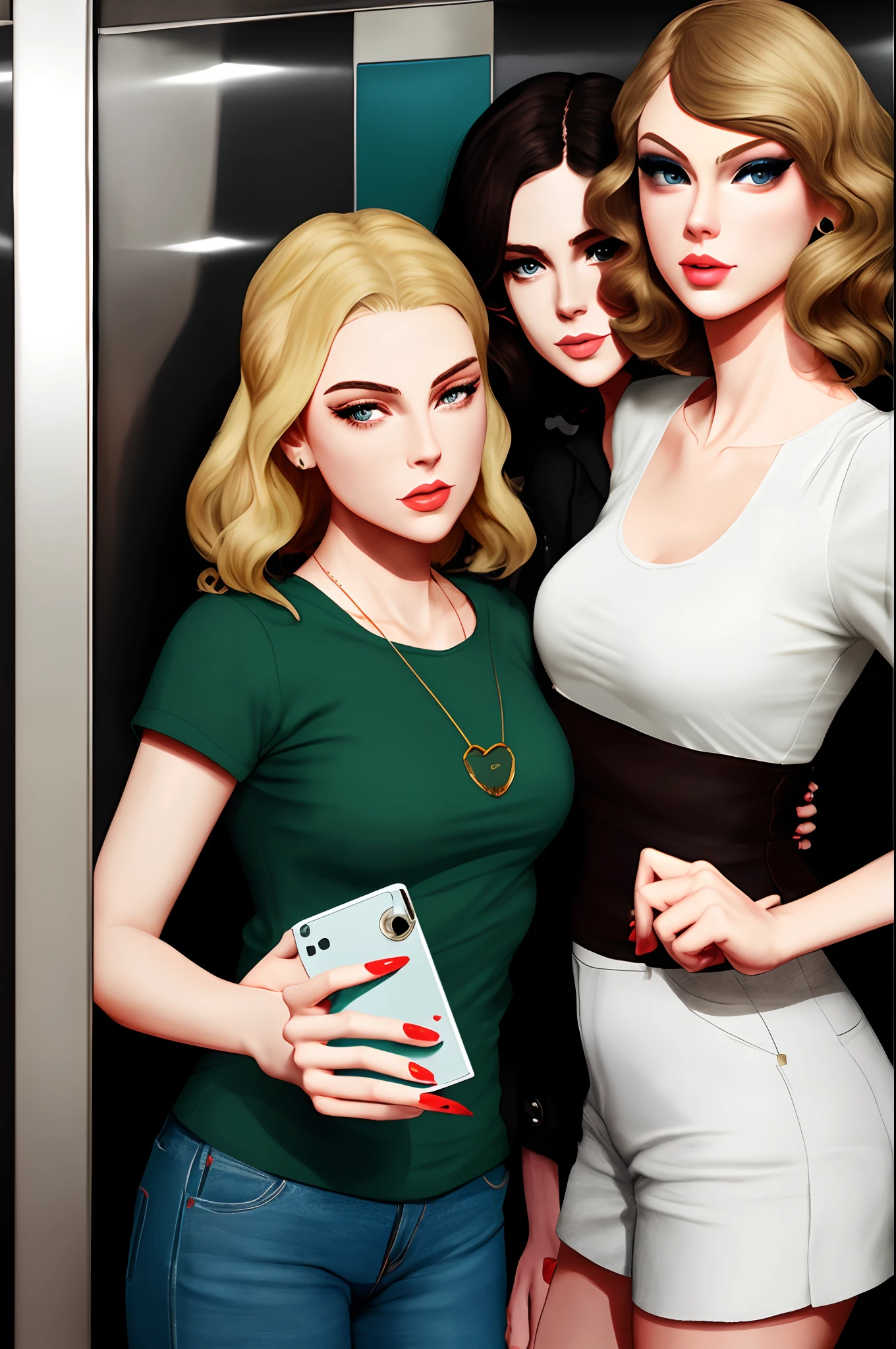 Realistic Lana del Rey and Taylor swift taking a selfie in an elevator