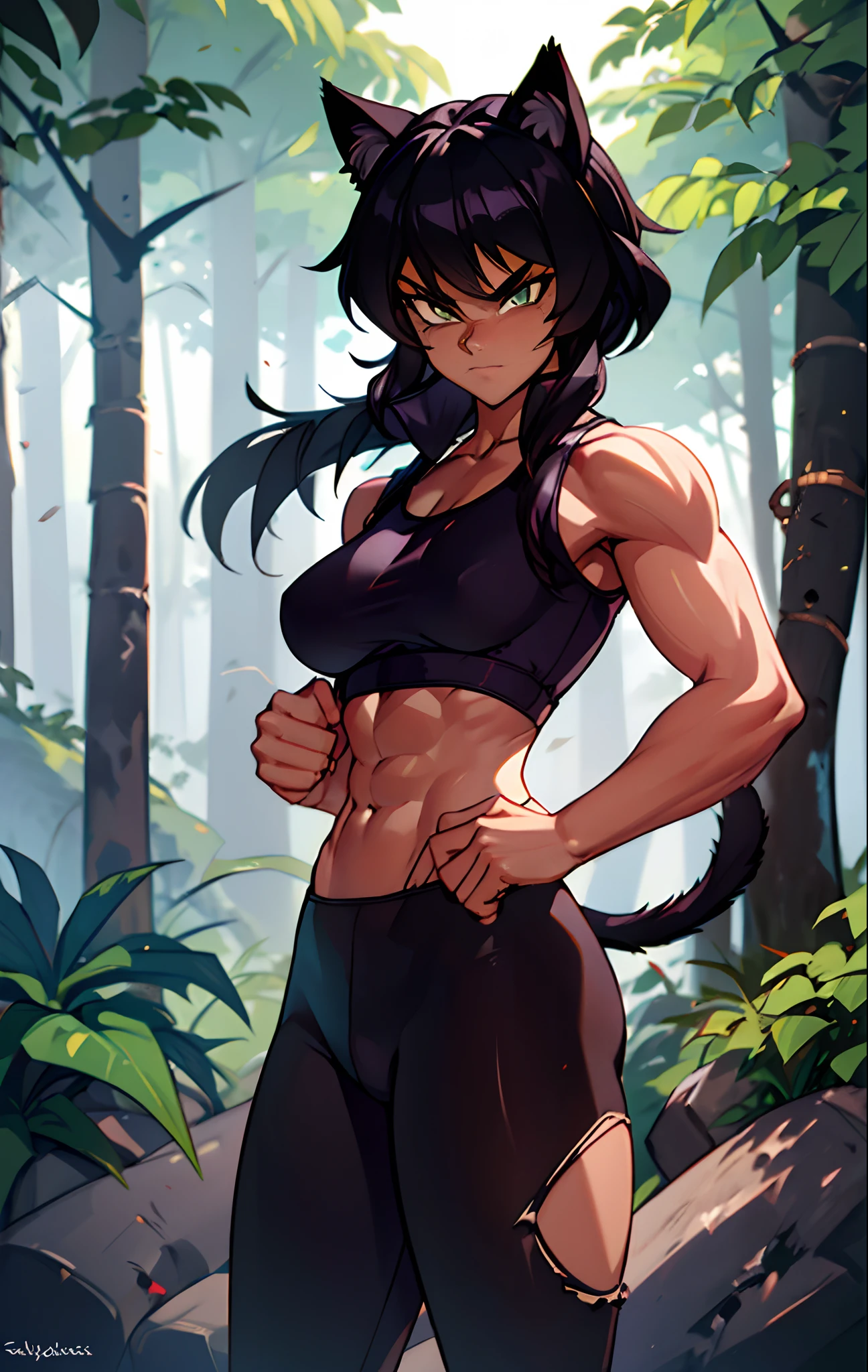 muscular ebony skinned blake belladonna in a martial artist combat pose while being in a forest, very dark skin, with long black hair and cat ears, saiyaness, saiyan, saiyan tail for Blake, wearing an open white jacket with a black tanktop underneath, wearing a pair of ripped white shorts with black leggings, this black Blake is by herself.