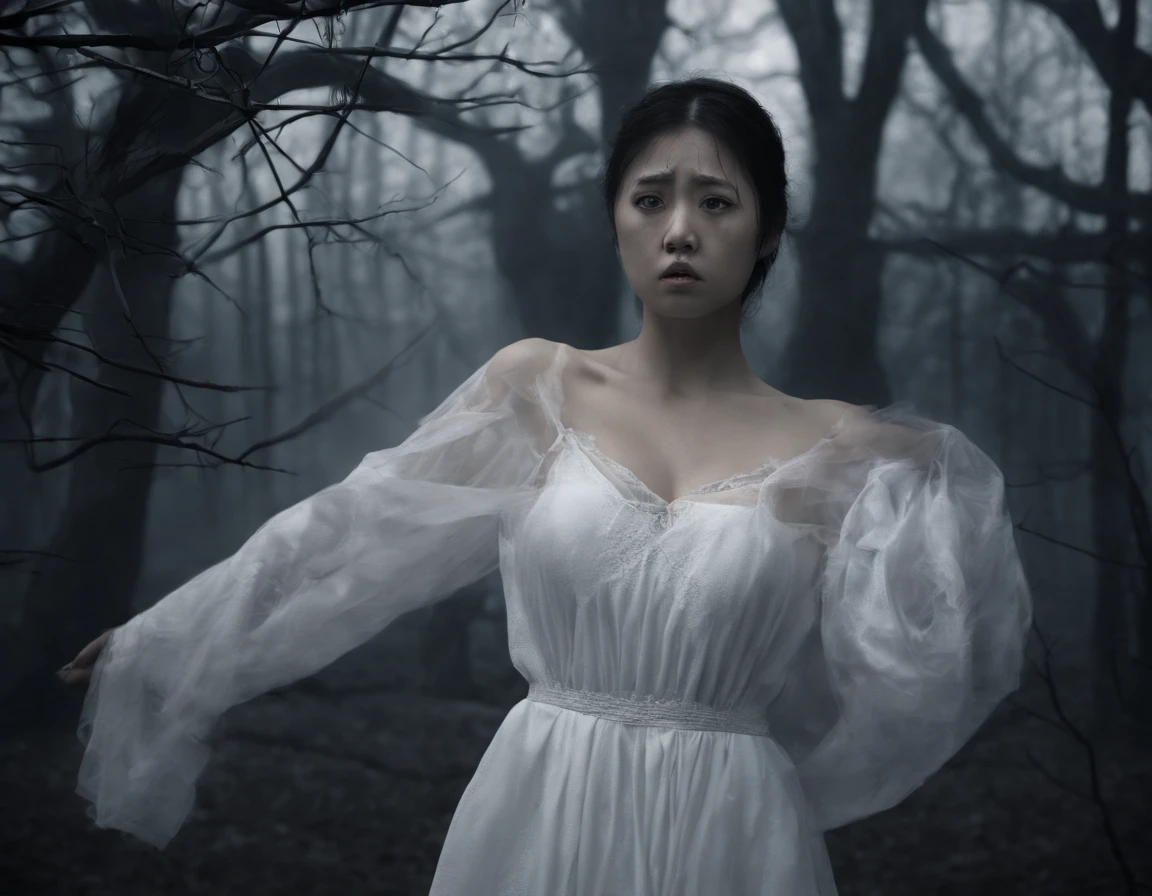 (bestquality,10,10,highres,masterpiece:1.2),ultra-detail,(Realistic,photorealistic portrait,photo-realistic:1.37),HDR,UHD,studio light,extreme detail description,professional, a young asian woman, 18 years old, Pale white skin, beautiful face, Lifeless white eyes, Good shape, collarbone, Very big breasts., Wear an old and torn white dress., The body is wounded., Low light shots, Dark tones, Against the backdrop of many black trees, lit by lamps.