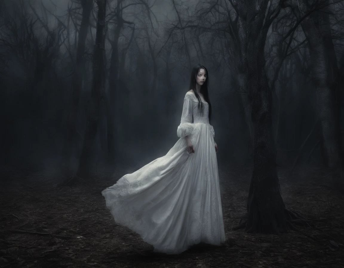 (bestquality,10,10,highres,masterpiece:1.2),ultra-detail,(Realistic,photorealistic portrait,photo-realistic:1.37),HDR,UHD,studio light,extreme detail description,professional, a young asian woman, 18 years old, Pale white skin, beautiful face, Lifeless white eyes, Good shape, collarbone, Very big breasts., Wear an old and torn white dress., The body is wounded., Low light shots, Dark tones, Against the backdrop of many black trees, lit by lamps.