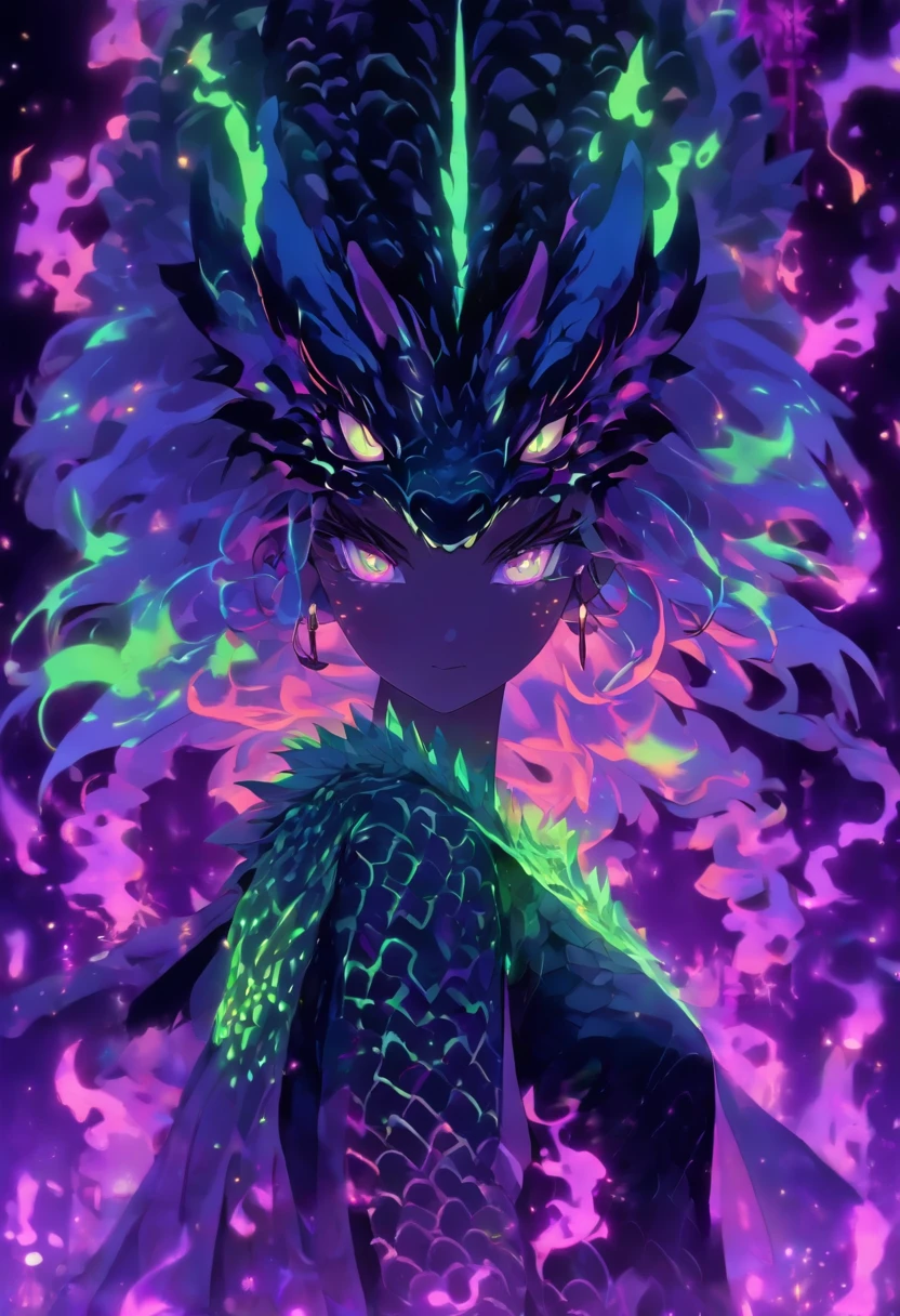 dragon girl, zombie, necrotic scales, black, purple, neon green, ominous glow, glowing, ghostly fire-colored eyes, wings with patterns reminiscent of interlocking computer codes, bone fragments protruding from wings, eerie aura, glowing runes like lines of programming, sharp claws, spectral hue, ethereal radiance, mythological creature,dragon ear