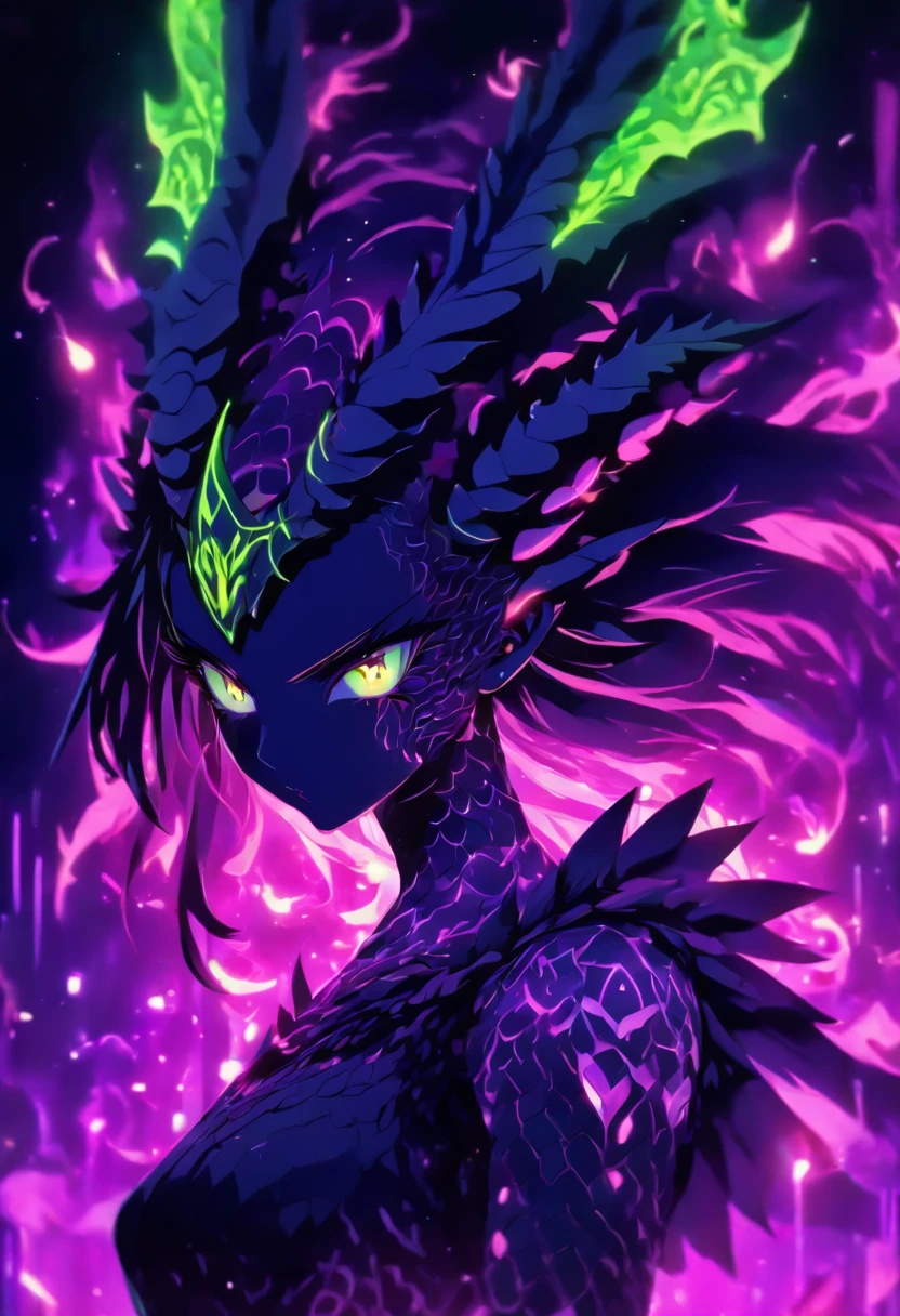 dragon girl, necrotic scales, black, purple, neon green, ominous glow, glowing, ghostly fire-colored eyes, wings with patterns reminiscent of interlocking computer codes, bone fragments protruding from wings, eerie aura, glowing runes, sharp claws, spectral hue, ethereal radiance, mythological creature,dragon ear