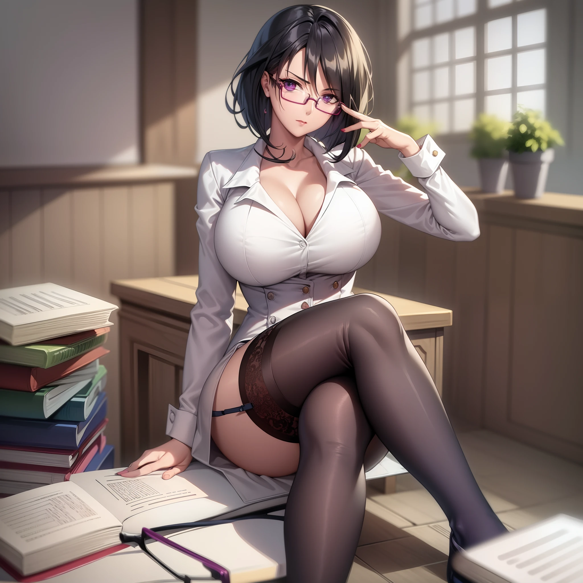 (masterpiece, highres, high quality:1.2), intricate details, cinematic lighting, ambient occlusion,
WakatsukiRisa, 1girl, solo, mature female, milf, full body, sitting on table, crossed legs, (hand on eyewear:1.4), papers, too many books, room, looking at viewer,
serious face,
black hair, short hair, makeup, lipstick, eyelashes, purple eyes, detailed eyes, perfect face,
white shirt, pencil skirt, thighhighs, garter straps, high heels,
, thighs, cleavage, narrow waist,