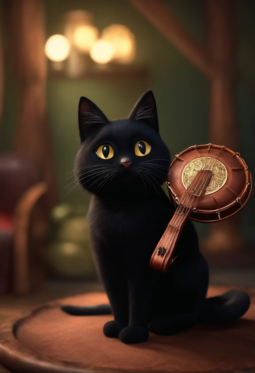 Make a black cat standing holding a tambourine bigger than the cat, like a Disney cartoon. pixar, 3d, disney