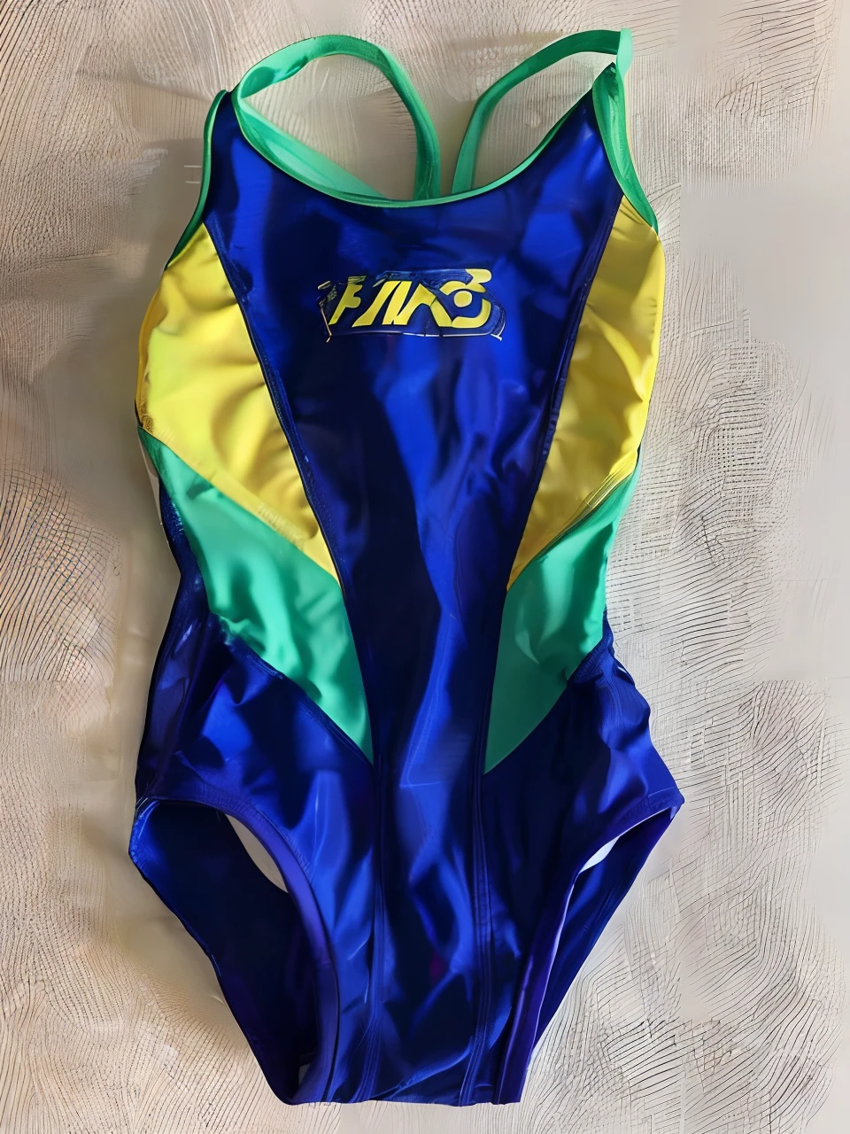 Close-up of swimsuit with yellow and blue stripes, closed swimsuit, Swimsuit, swim wears, Wet swimsuit, wearing a swimming wear, swim suite, sparky swimsuit, swimsuit model, 9 0 - s, Leotard, monokini, mandy jurgens 8 k 1 5 0 mpx, young swimsuit model, Green swimsuit, y2k"girl with,huge tit