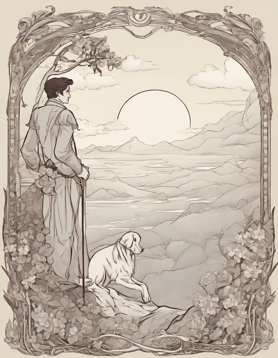a young man stands on the edge of a cliff. He's gazing upwards toward the sky, unaware he's about to skip off a precipice into the unknown. Over his shoulder rests a modest knapsack. A white rose in his left hand. At his feet is a small white dog. The mountains behind The Fool symbolize the challenges yet to come.
