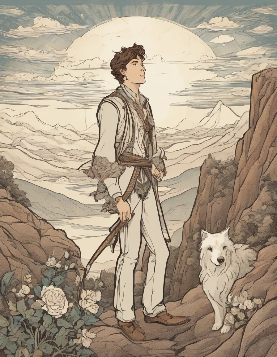 a young man stands on the edge of a cliff. He's gazing upwards toward the sky, unaware he's about to skip off a precipice into the unknown. Over his shoulder rests a modest knapsack. A white rose in his left hand. At his feet is a small white dog. The mountains behind The Fool symbolize the challenges yet to come.