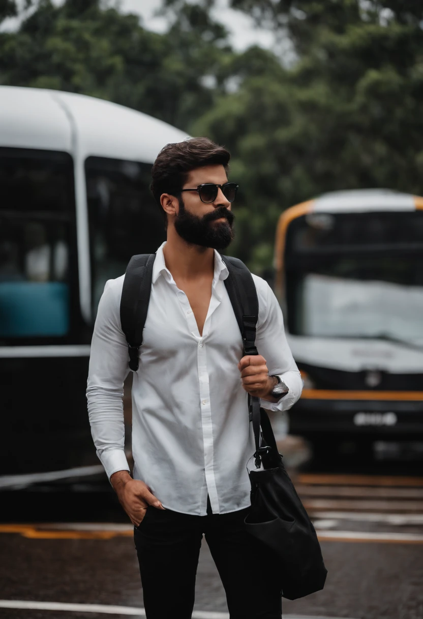 Menino, black jeans pants, blusa preta, tenis preto, com uma mochila pesada preta nas costas, um guarda chuva preto. Possui 1,69m de altura, cabelo curto, barba rala e oculos de grau. Esta pegando um onibus num dia nublado e de chuva, em Brasilia.