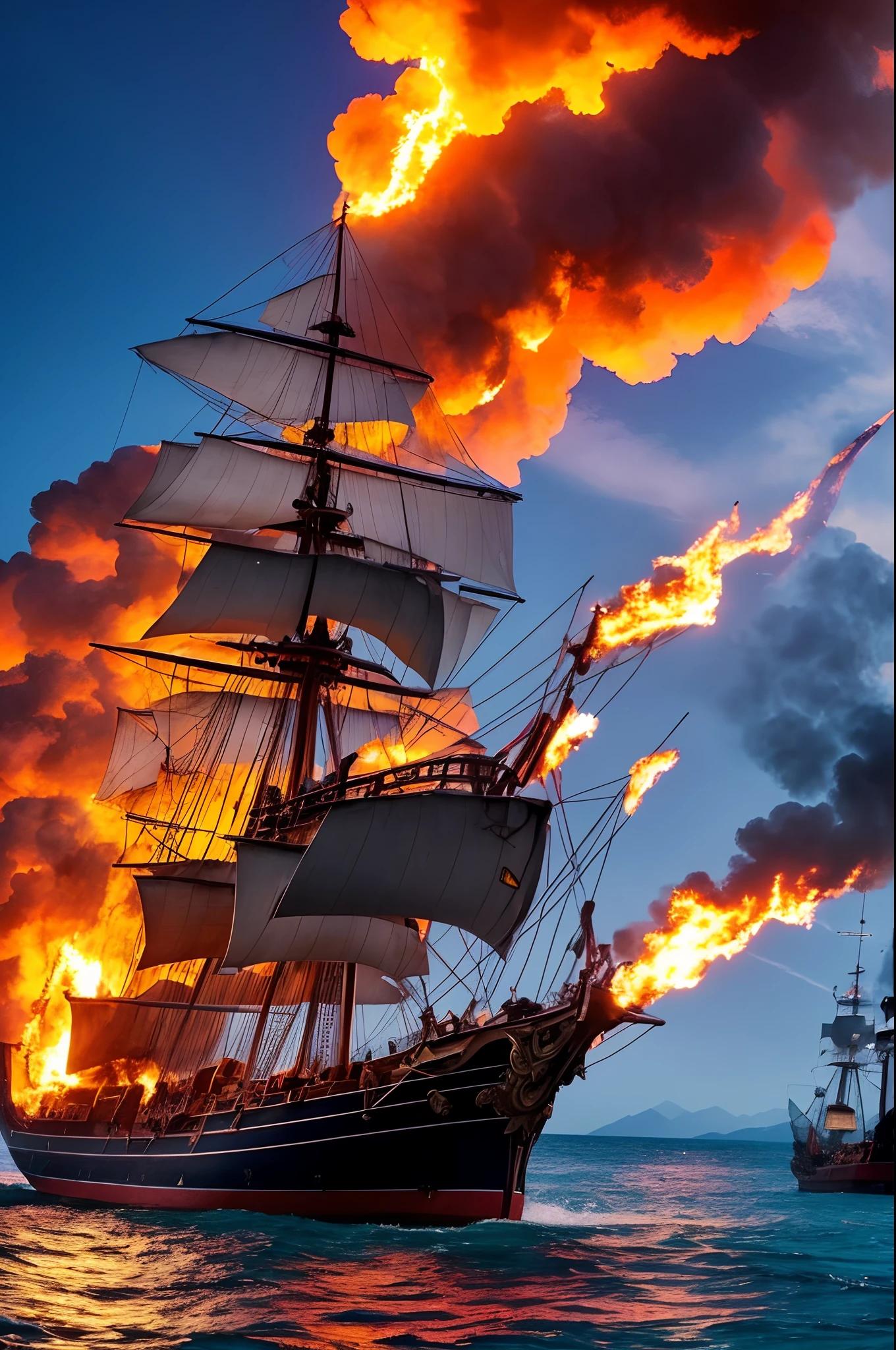 a close up of a boat in the water with a sky background, burning ships, amazing wallpaper, intricate and epic composition, fire reflection, ships on fire, hd phone wallpaper, awesome greate composition, phone wallpaper hd, amazing contrasting background, on a pirate ship background, mobile wallpaper, hd wallpaper, pirate ships at war at night, magnificent background