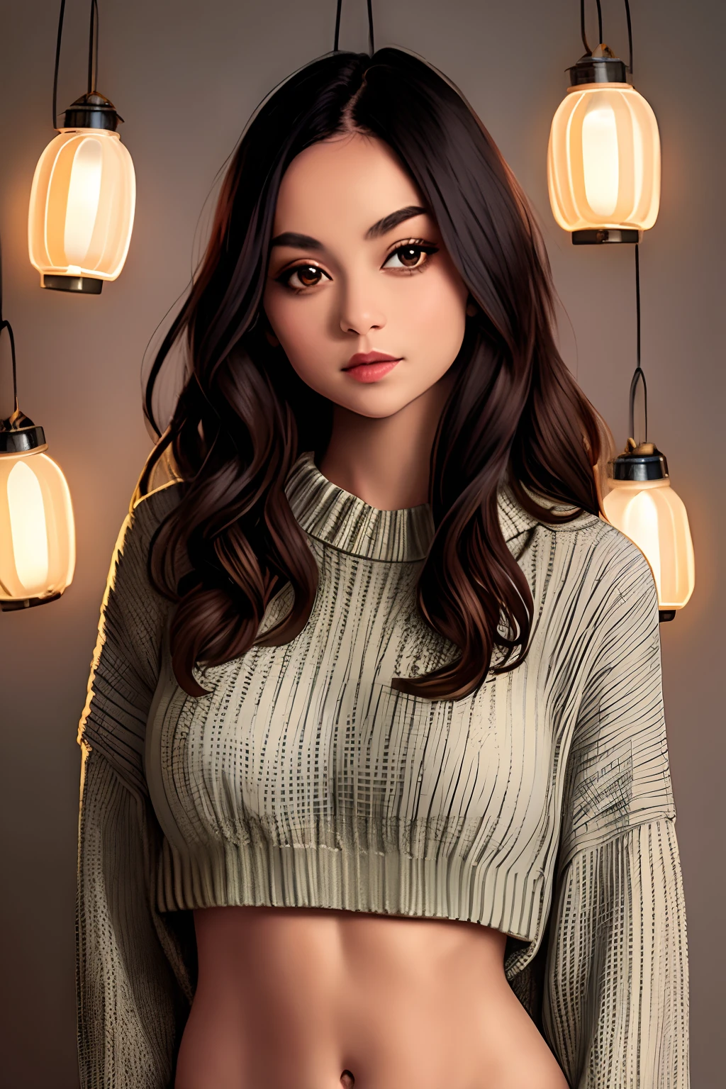cropped sweater, midriff, sweater, 1girl, detailed face, hanging laterns, illustrated