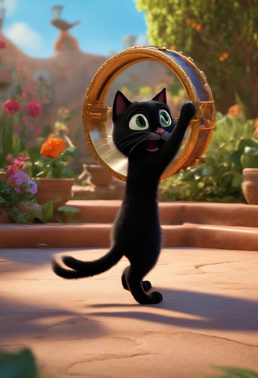 Make a Black Cat Stand Up, em uma das patas existe um pandeiro enorme, The cat shows the tambourine to the audience,  Disney. Pixar, ..3d, Disney
