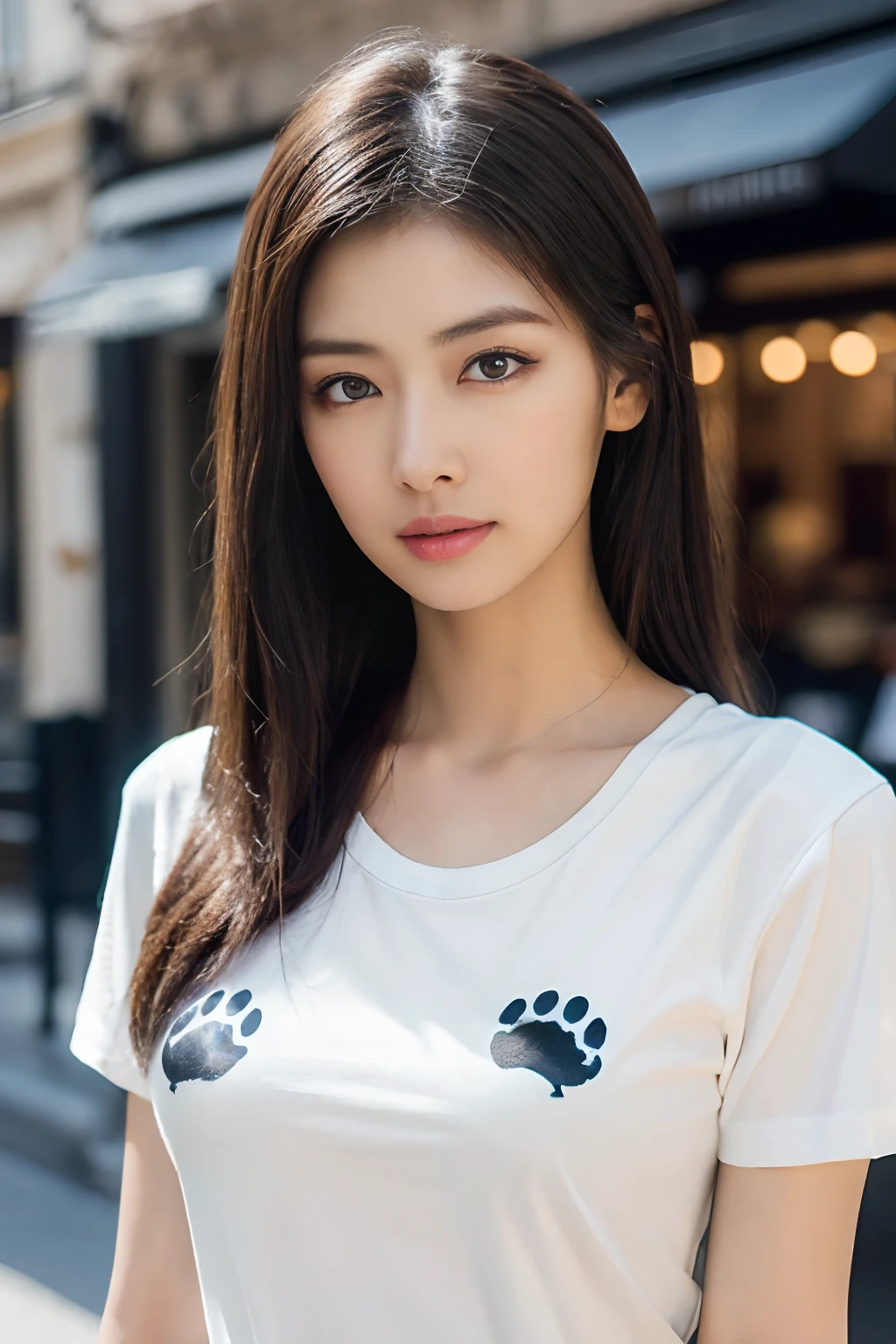 (Cowboy Shot:1.4), (Cinematic aesthetics:1.4),
Photos of beautiful models, Bokeh,
Stand in front of a fashionable café in Paris, (plein air:1.3), during the day, Japanese,
((Ultra-detailed)), Best Quality, 1girl in, Solo, high quality texture,
Intricate details, Detailed texture, high quality shadow,
realistic representation of face, Detailed beautiful delicate face, Detailed beautiful delicate eyes,
A perfectly proportioned face, light source contrast,
Perspective, 20s, distinct image, Lustrous skin, Solo Focus, (finely detailed beautiful eyes and detailed face),
BREAK
(She wears a white T-shirt、Cat paw prints printed on the left and right breasts:1.4),
Slender body, Taut, semi long hair,
Cute poses
