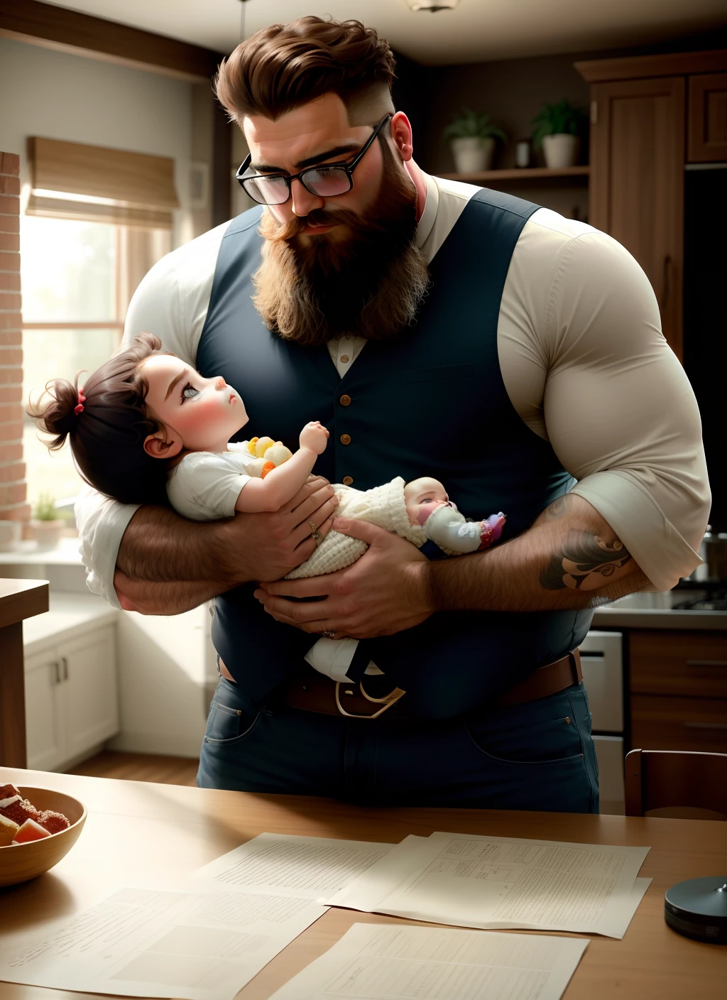 A girl with a big chest, a fat man holding the little girl in ms