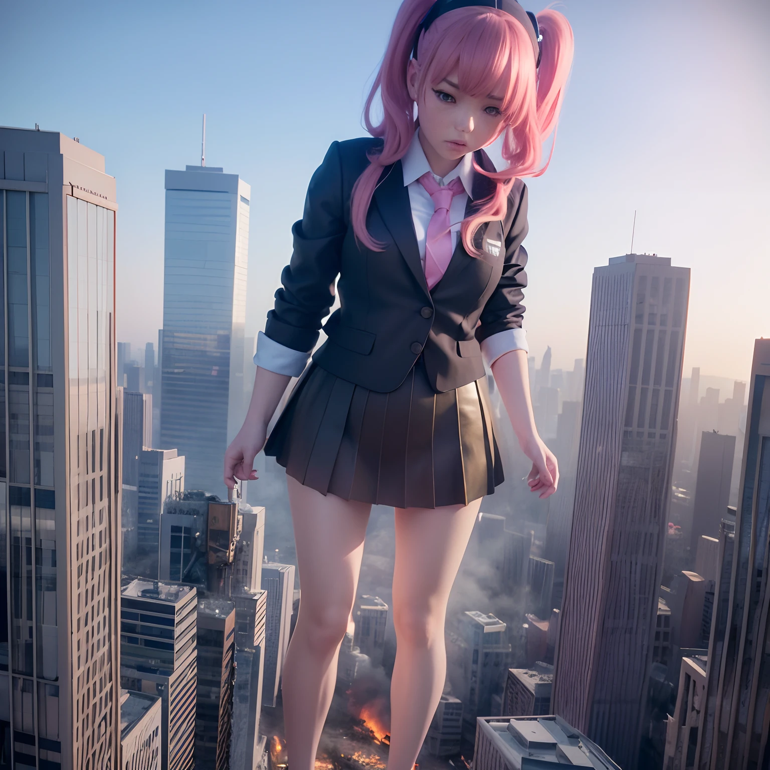 A giantess schoolgirl destroying a tiny skyscrapers city, pink hair, school uniform, standing girl, hyperrealistic 3d digital art, hyperrealistic 3 d digital art, 3 d epic illustrations, 3 d hyper realistic render, mind-bending digital art, destroyed city, photomanipulation, creative photo manipulation