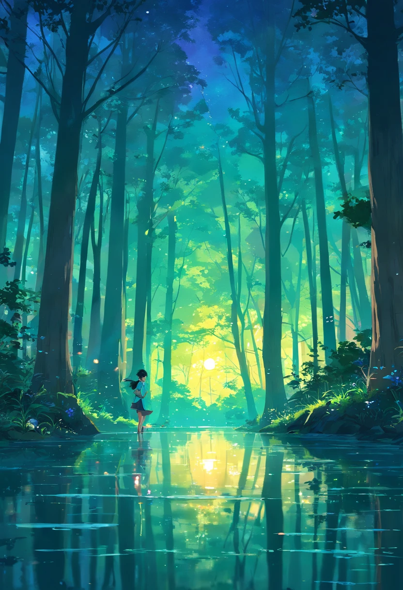 "((master part)),((magical dark forest :1.2))ao entardecer, com ((sombras escuras fortes recomendadas para cena:1.2)),flores douradas brilhantes, beautiful magical style, golden water reflection, arte conceitual, pintura digital."