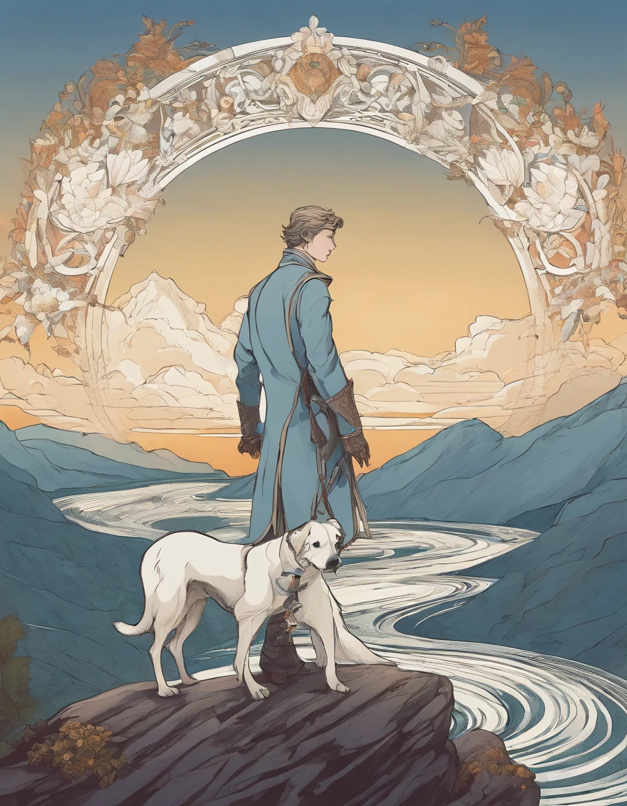 a young man stands on the edge of a cliff. He's gazing upwards toward the sky, unaware he's about to skip off a precipice into the unknown. Over his shoulder rests a modest knapsack. A white rose in his left hand. At his feet is a small white dog. The mountains behind The Fool symbolize the challenges yet to come.