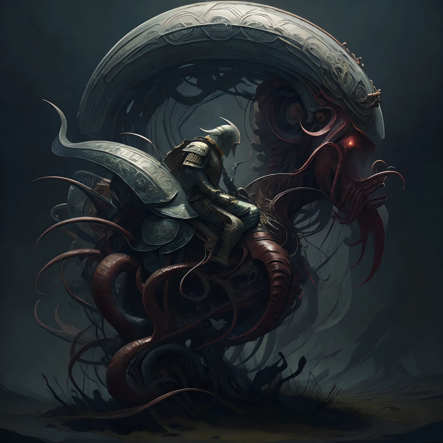majicMIX horror model ,CeltPunkAI,BiopunkAI 2 , A Very Thin Man ((独奏)) He wears silver armor and a patterned helmet , Riding a giant octopus , His legs are seen inserted into stirrups attached to an octopus , Octopus stands in full height against the background of the sea , Octopus tentacles are visible , Front light . ((tmasterpiece)), ((beste-Qualit)), higly detailed,, V0id (tmasterpiece: 1.3), (Best_Quality: 1.3), (ultra_Detailed: 1.3), 8K, extremely_Of course, 真实感, (Ultrarealist: 1.3), coloration, beutiful, Photorealistic, realisti,