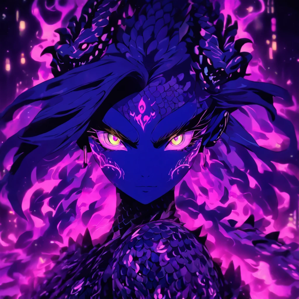 dragon girl, necrotic scales, black, purple, neon green, ominous glow, glowing, ghostly fire-colored eyes, wings with patterns reminiscent of interlocking computer codes, bone fragments protruding from wings, eerie aura, glowing runes, sharp claws, spectral hue, ethereal radiance, mythological creature,dragon ear