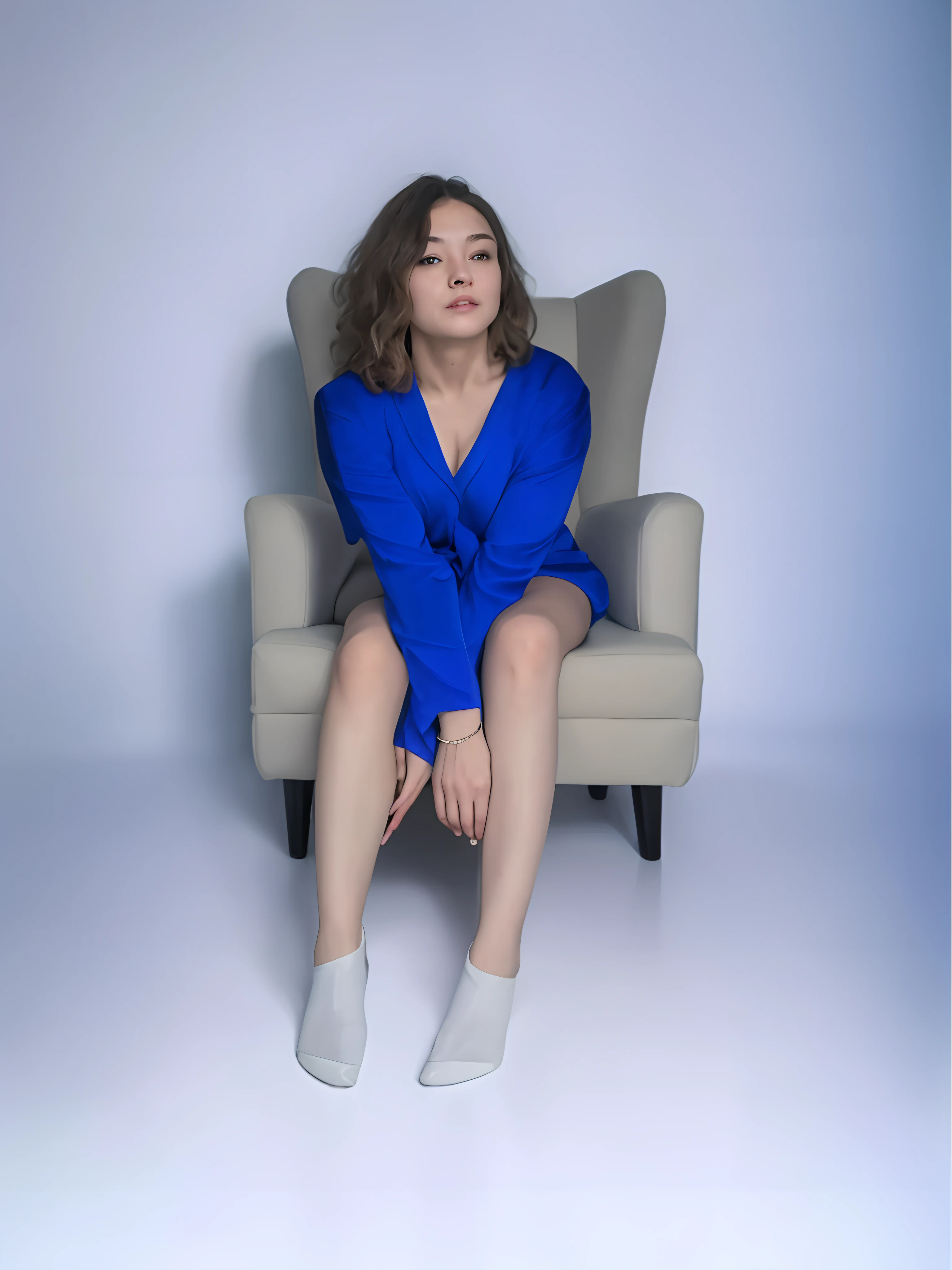 Woman sitting on a chair, Cross-legged, sitting in chair, on his throne, in a blue robe, Sittin, color portrait, sitting in a chair, sits on a chair, portrait shot, Photoshoot portrait, Sitting on a porcelain throne, sitting in chair, sitting on his throne, High Quality Portrait, Advertising photo shoot, White Studio, White floor and walls