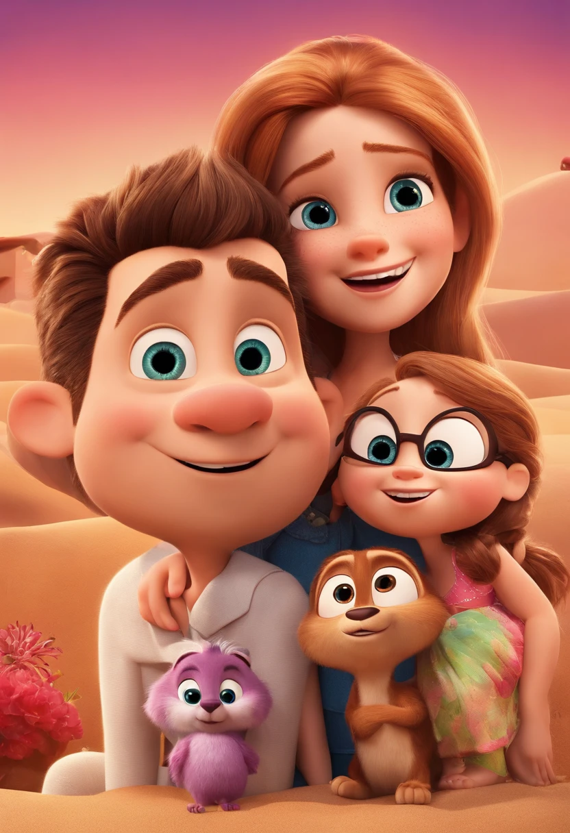 a movie poster by Disney Pixar spotting a white-skin family. The father is the tallest, has a short beard, blond, short and spikey hair. The mom has brown eyes and hair, at shoulder-lenght and is slightly overweight. The little girl is 4-years old and has brown hair, pink outfit and pony tails. The background is a beach garden. 3d render