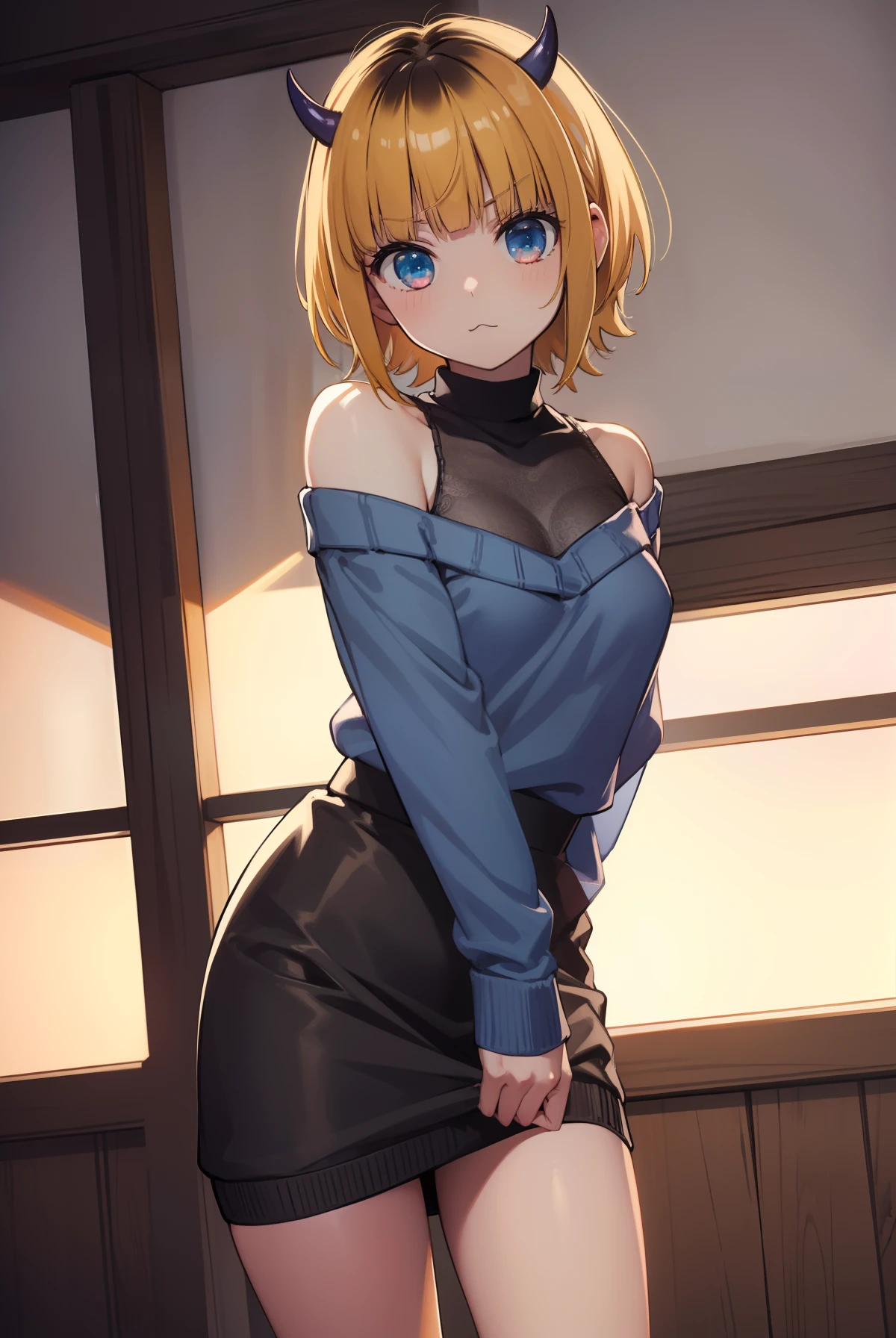 memcho, memcho, blonde hair, blue eyes, blunt bangs, horns demon, Artificial horns, Horns, Short hair,
BREAK bare shoulders, black skirt, (blue sweater:1.5), long sleeves, off-shoulder, sweater off-shoulders, puffy sleeves, upskirt, sweater, white ribbon,
BREAK looks at the viewer,
BREAKTHROUGH in the room,
BREAK (Masterpiece:1.2), Best Quality, High Resolution, Unity 8k壁纸, (illustartion:0.8), (beautiful detail eyes:1.6), extremely detailed face, perfect lighting, extremely detailed CGI, (perfect arms, perfect anatomy),