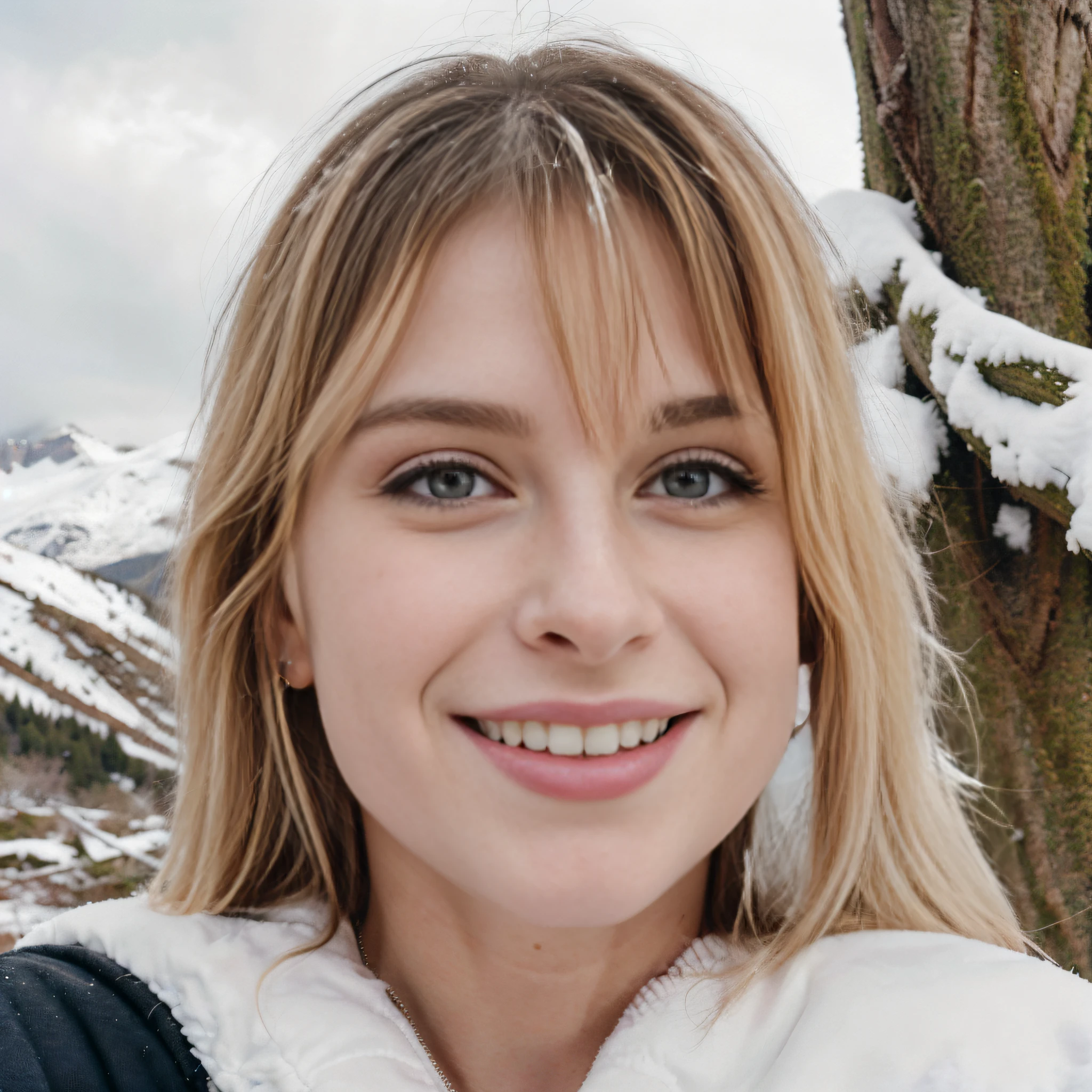 showing backgound, two young girls take a playful selfie against the backdrop of a snowy mountain. The background features a picturesque river and a majestic bare tree, their branches reaching towards the sky. One of the girls has beautiful flowing blonde hair, while the other has lovely brown hair that complements the wintry landscape. Both girls embrace the frosty adventure without hats or hoods, their smiles radiating warmth and happiness. The high-resolution image captures every detail, from the individual snowflakes on their hair to the texture of the tree bark, immersing viewers in the serene beauty of the snowy mountain scene. skin texture, ultra high res, RAW, instagram LUT, ultra-detailed, cinematic light, side lighting, ultra high resolution, best shadow, RAW, 4k, ((masterpiece)), ((best quality)), ((intricately details)), ((ultra-realistic realism)),  Ridiculous res,  highly detailed, detailed fingers), (extremely detailed eyes and face), (beautiful detailed nose), (beautiful detailed thigh), (beautiful detailed eyes), bright eyes avril lavgne, hayley williams