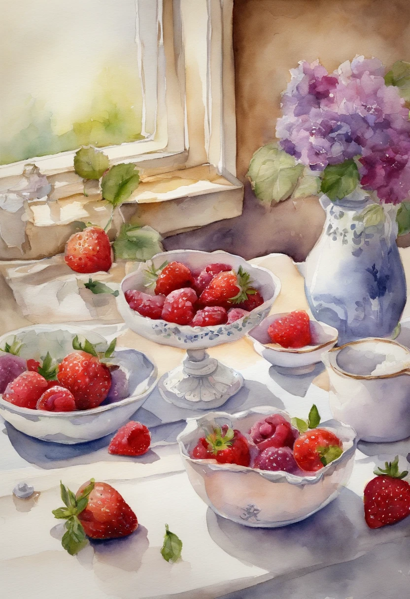 A kitchen, cream color, with beautiful seed flowers, strawberry and purple raspberry fruit dish, heart shaped ice mold, lit candles.