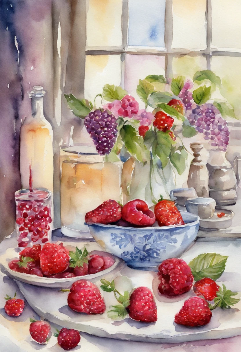 Painting of a table with a bowl of strawberries and a vase of flowers ...
