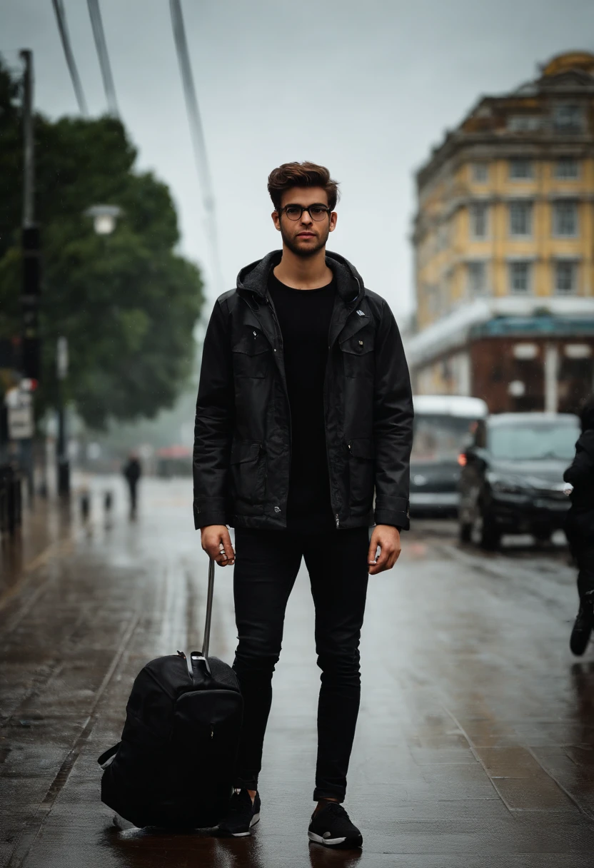 Retrato de um menino, 21 anos, in black jeans, blusa preta, tenis preto, com uma mochila pesada preta nas costas, um guarda chuva preto. Possui, cabelo curto, barba rala e oculos de grau. You're standing at a bus stop on a cloudy, rainy day.