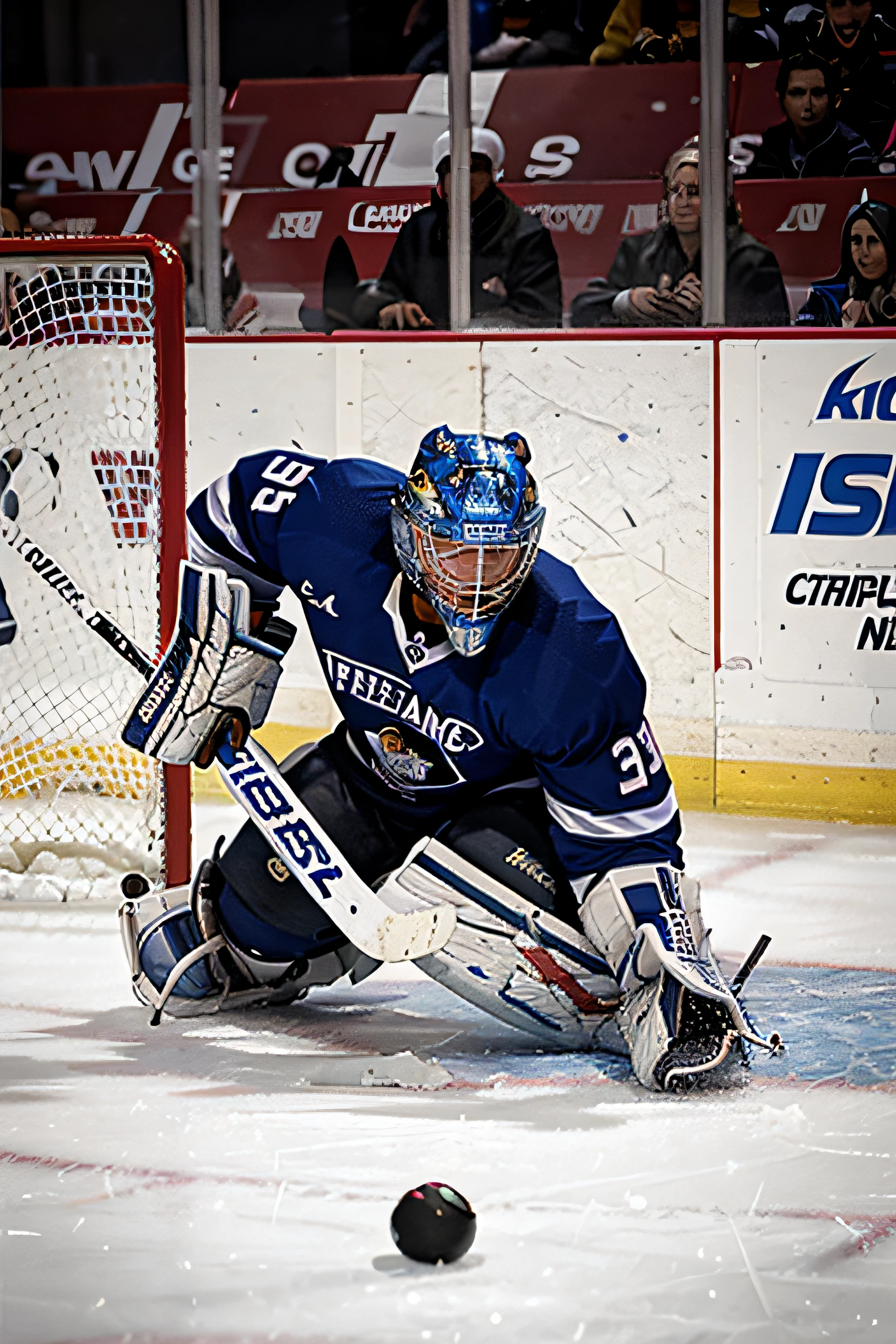 Poster of a Dramatic Hyperealistic Professional ICE Hockey Goalie stopping a shot