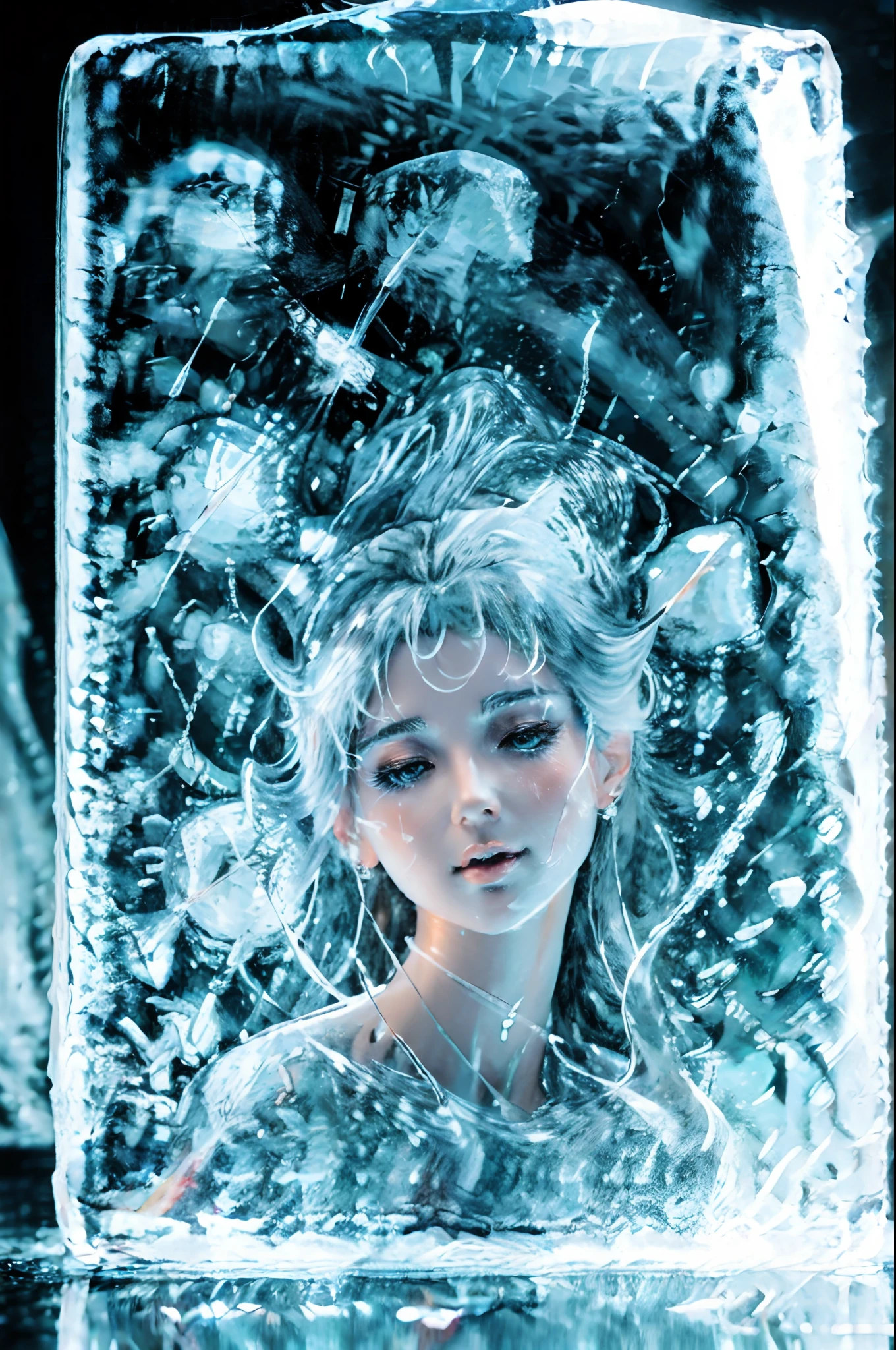 best quality,ultra-detailed,ice sculpture of a woman,realistic,glowing ice sculpture,feminine features,detailed ice carving,sparkling ice,ethereal beauty,delicate ice details,crystal clear ice,subtle lighting,icy color palette,captivating ice artwork