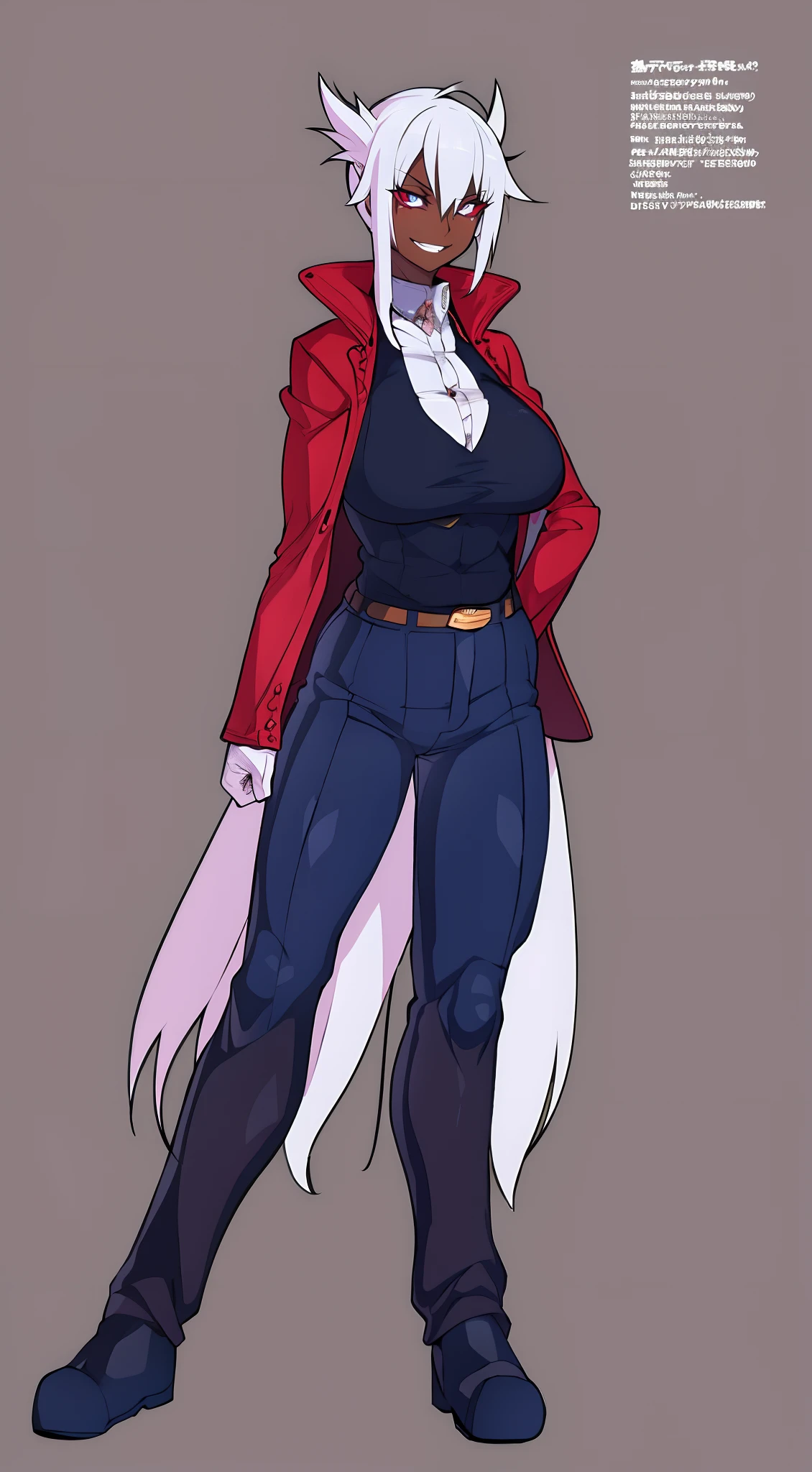 muscle girl,medium breast,, tall female, ,pants, solo focus, 1character, portrait full body,dark skinned female, , vest, coat, walking, medieval clothing, long hair, ,, open mouth smile, revealing cloths, , , berserker, warrior,, full body, walking,, ,flipflops, red eyes, sentai heroine, white bodysuit, silver hair, , smile, drop shadow, anaglyph, stereogram, tachi-e, pov, atmospheric perspective, Gothic art, Romanticism, rococo style, 8k, super detail, ccurate, best quality, UHD, retina, anatomically correct, super detail, high quality, best quality, highres, award winning, high details, textured skin, masterpiece, ccurate, 1080P, HD, 4K, 8k, 16k, anime style Waiting to start