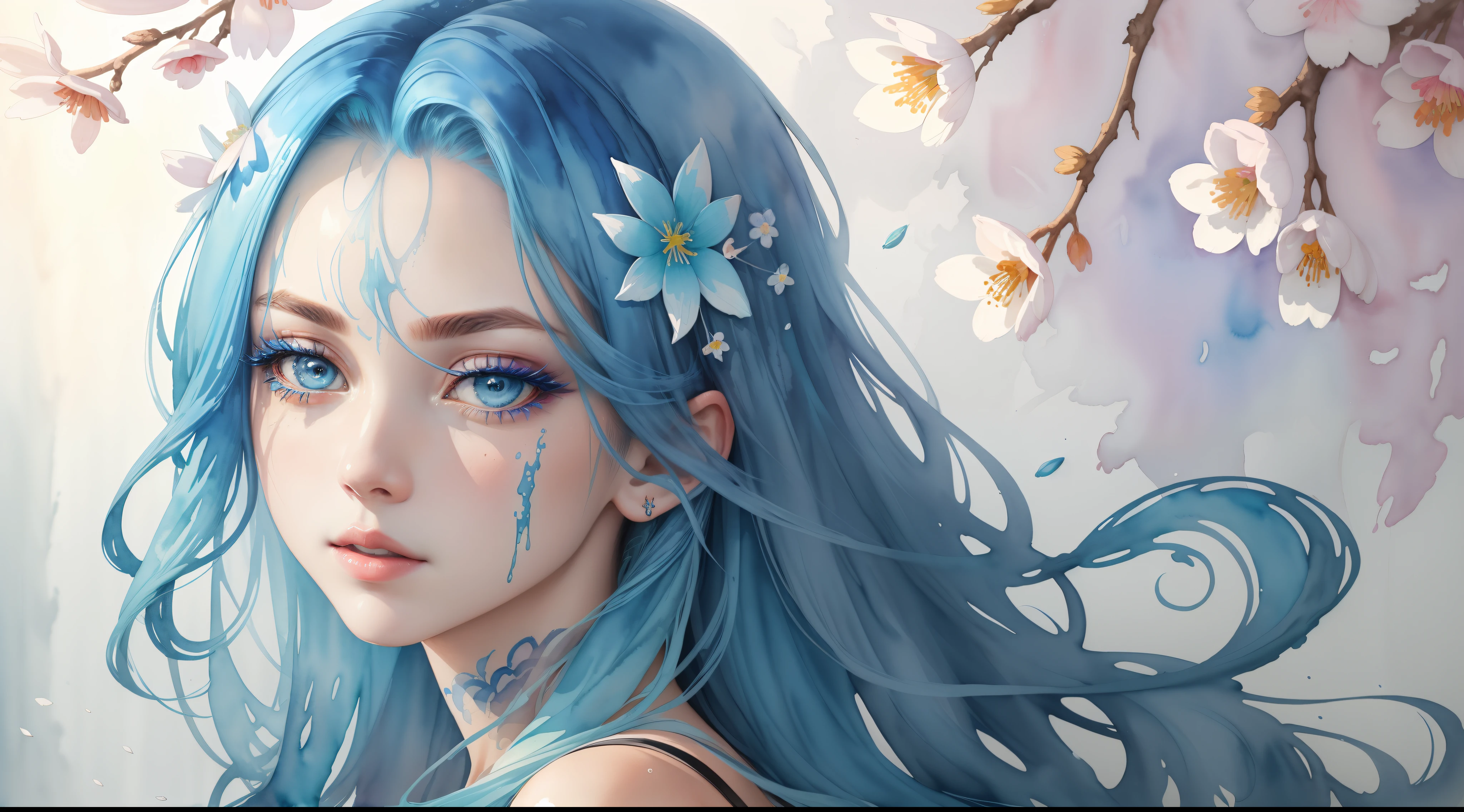 (best quality),(masterpiece:1.2), (colorful:0.9), (ink splashing),(color splashing),((watercolor)), clear sharp focus, model shot,, (portrait goddess of spring:1.5), cute expression,elegant blue colored hair, beautyfull detailed face and eyes, elegant goddess clothing, spring forest background,, colorwater