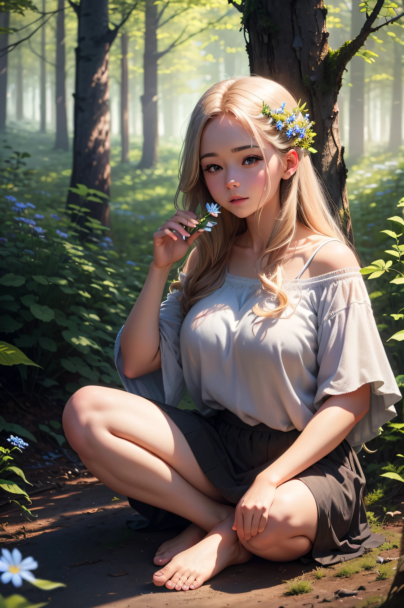 1 very skinny European girl, blonde, very happy, open mouth, forest, white skin, tiny, wavy hair, long t-shirt, knickers, full body, very excited, squatting posing, socks, sweat, very detailed body, very detailed face, very small breasts, small ass, small butt, thin waist, seductive smile, shiny skin (detailed blonde eyebrows), beautiful eyes, realistic skin, detailed face, ultra-realistic, sharp and highly detailed focus, 8k, side view