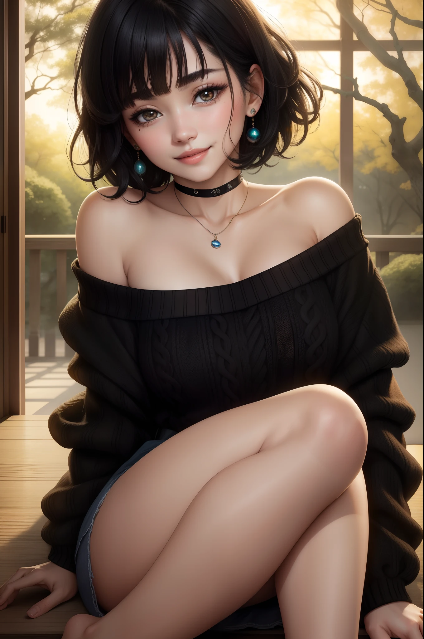 Top Quality, Masterpiece, Ultra High Resolution, Photorealistic, 1 Girl, Off Shoulder, Knit, Smile, Smile, Slightly Visible, oversized_sweater, Soft Lighting, Detailed Skin, Bangs, Black Hair, Clear Eyes, Short Bob Hair, Transparency, Japan, Korean, Beautiful Woman, Upper Eyes, Lip Gloss, Black Thick Choker, Teardrops, Mole on the Chest, Highlights in the eyes