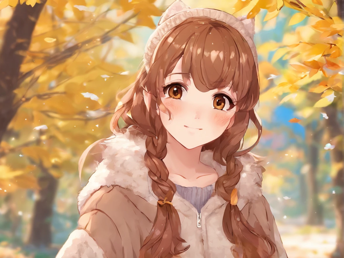 girl of 20 years old, Long cascade hairstyle, brown eye, Brown hair color, She is dressed in a tight skirt and sweater ( higly detailed, hiquality), Average height, slightly chubby cheeks, Fox Look, springtime, Against the background of a birch forest