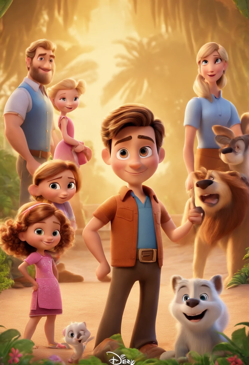 a movie poster by Disney Pixar spotting a white-skin family. The father is the tallest, has a short beard, blond, short and spikey hair. The mom has brown eyes and hair, at shoulder-lenght and is slightly overweight. The girl is 4-years as brown hair, pink outfit and pony tails. The background is a beach garden. 3d render