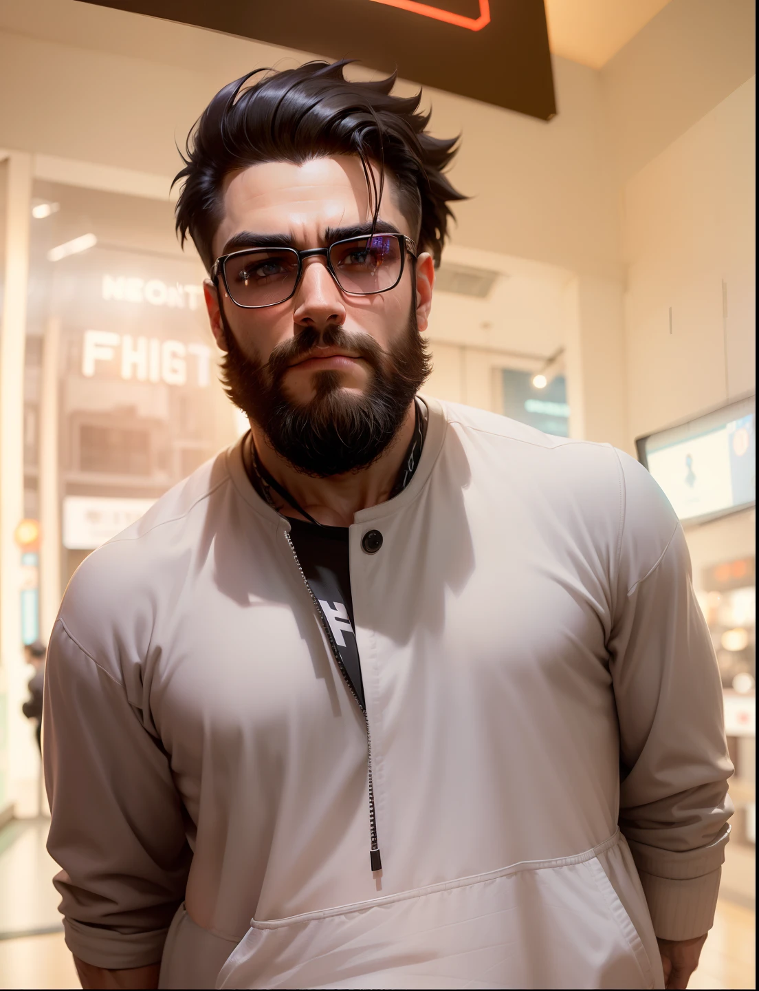 (masterpiece, best quality), 1boy, muscular, beard, cyberpunk, (blurry, bokeh, fisheye lens), night, looking at viewer, contrast, contrapposto, neon oversized jacket,
