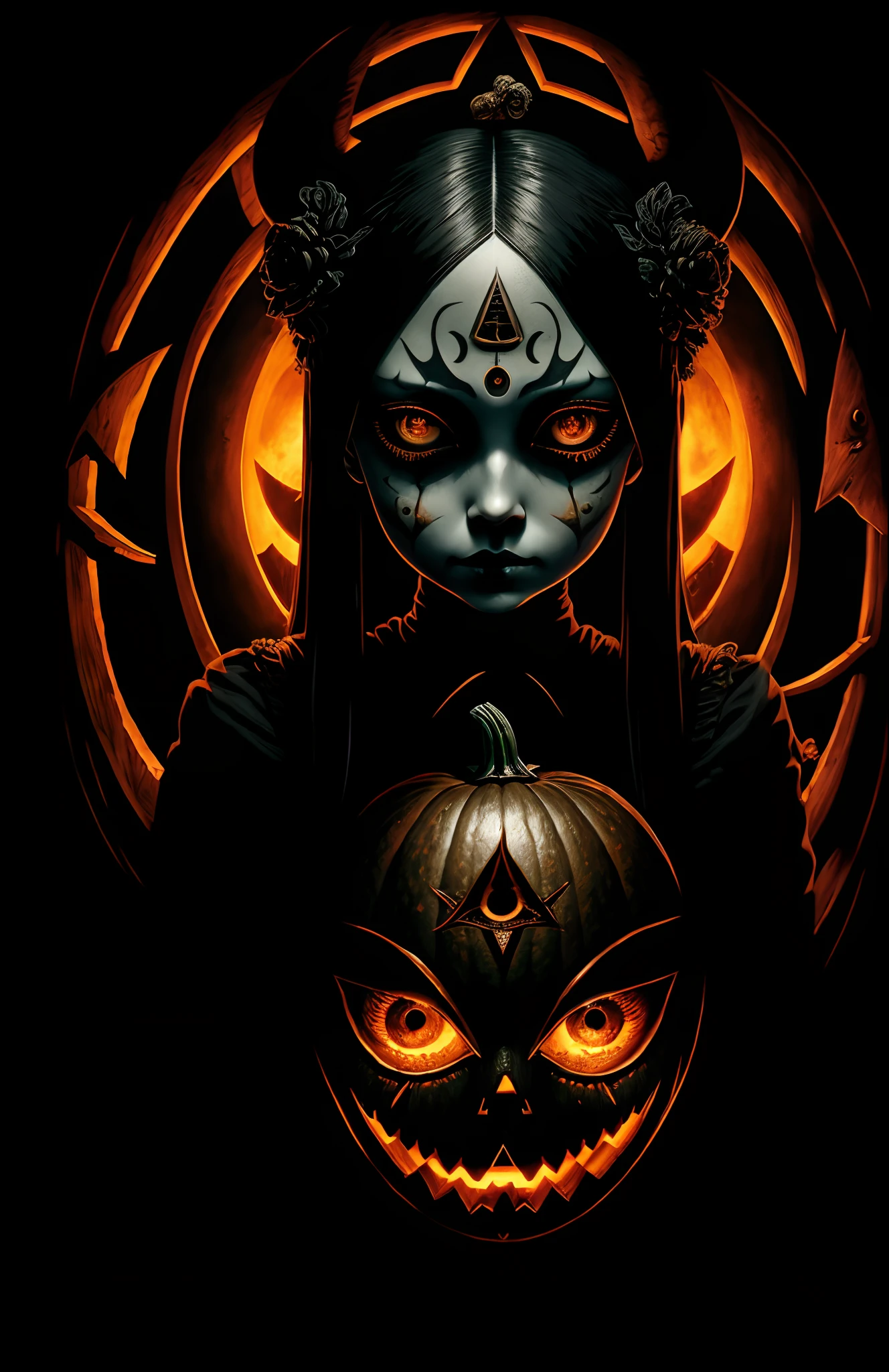 (halloween，Pumpkin head)，dreamlikeart the all seeing eye by H.R. Giger, Junji Ito, Greg Rutkowski, WLOP detailed paint of wednesday addams, highly detailed paiting by Ray Donley, 8k, royal paiting, dynamic lighting, colorfull lighting,, 8k, 4k, (highres:1.1), best quality;